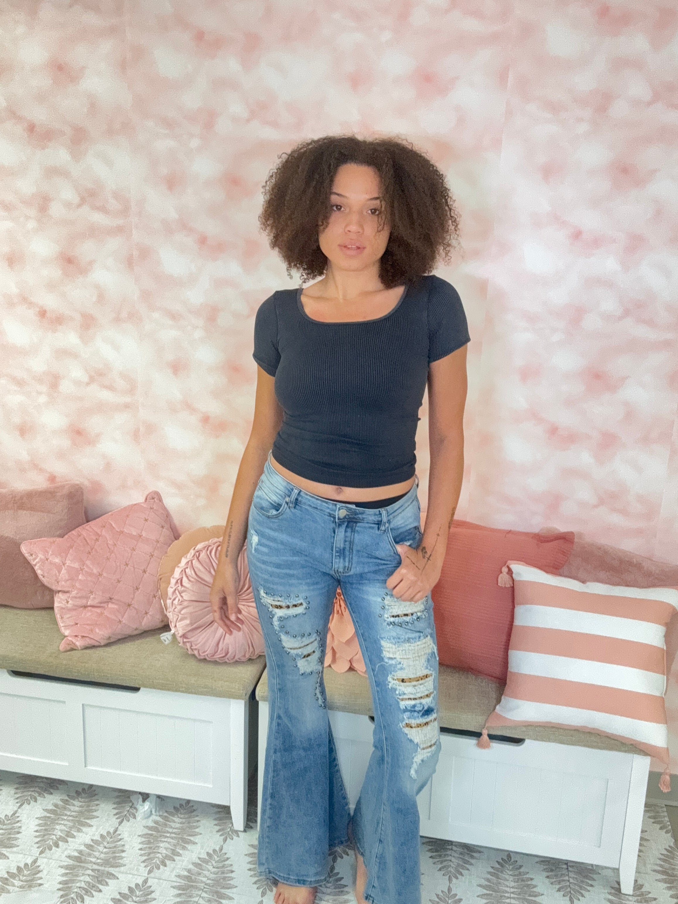 Oli & Hali Distressed Leopard Flare Jeans