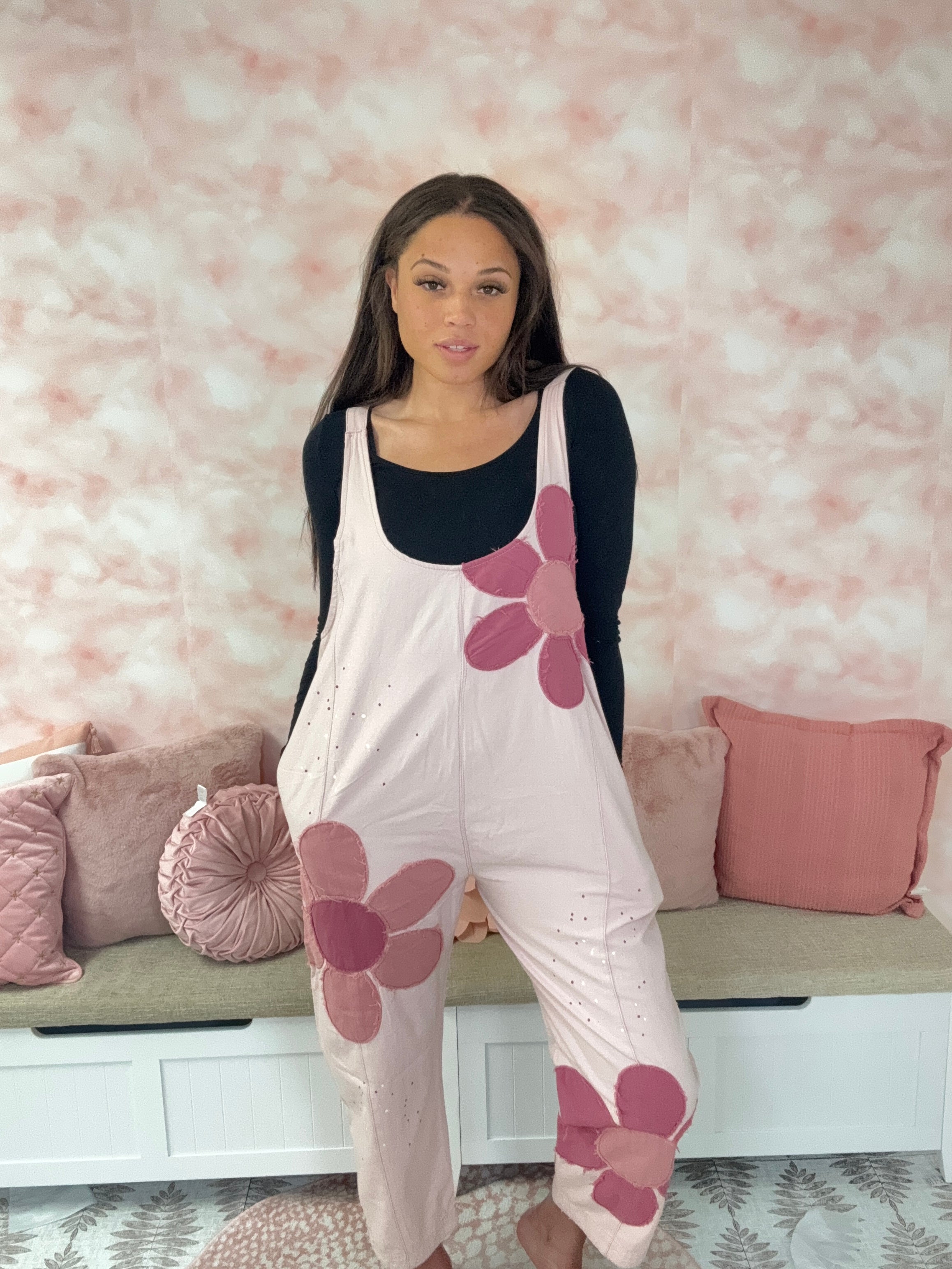 Oli & Hali Pink Washed Big Floral Overalls