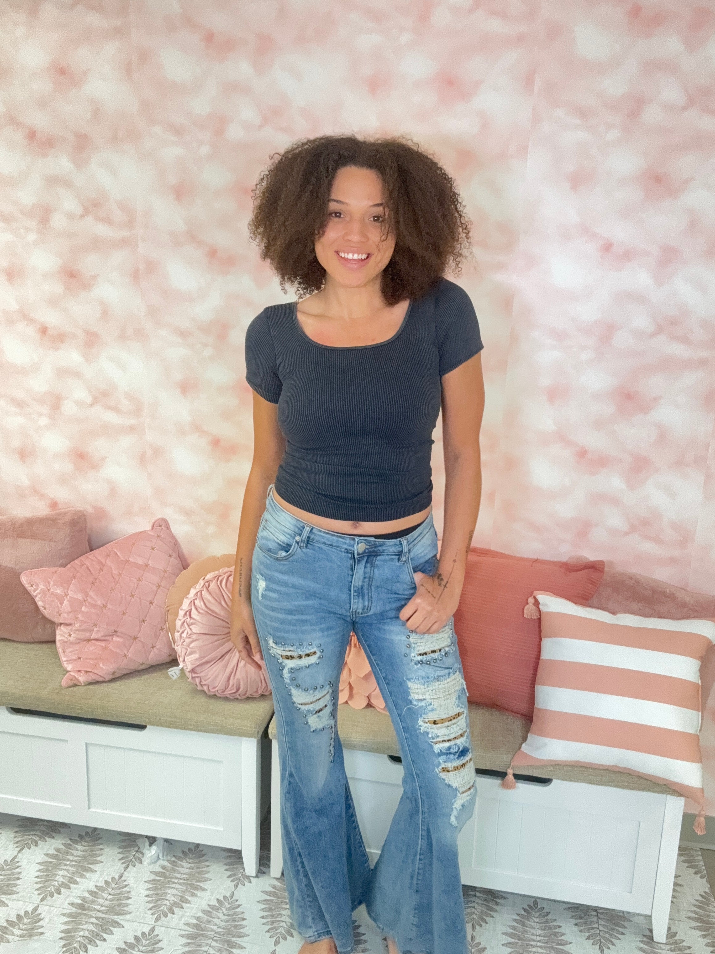 Oli & Hali Distressed Leopard Flare Jeans