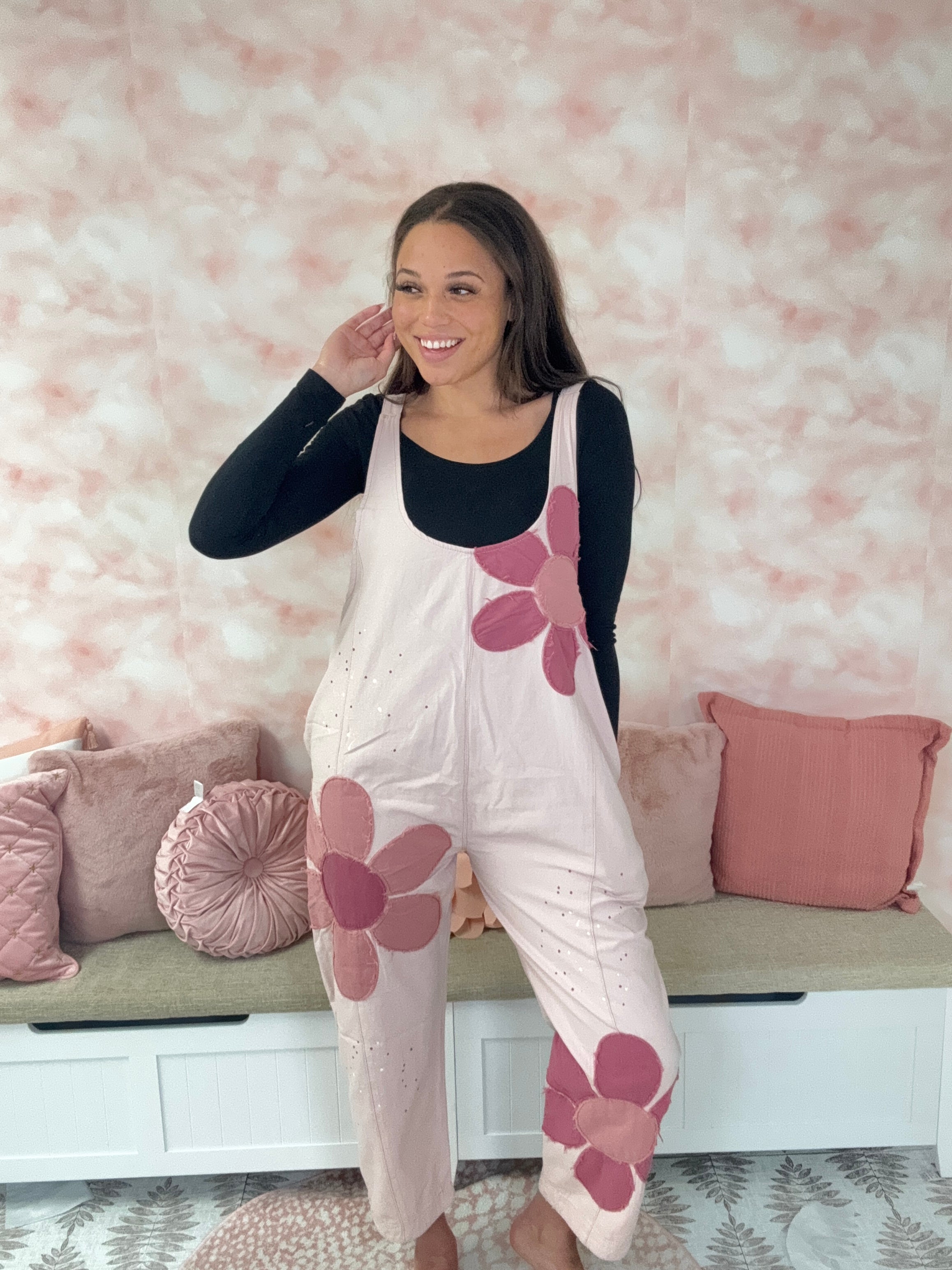 Oli & Hali Pink Washed Big Floral Overalls