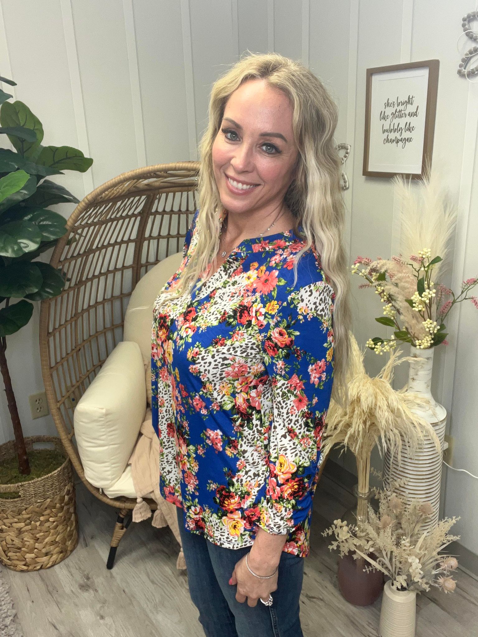 Dear Scarlett Blue Floral Leopard Explosion Top