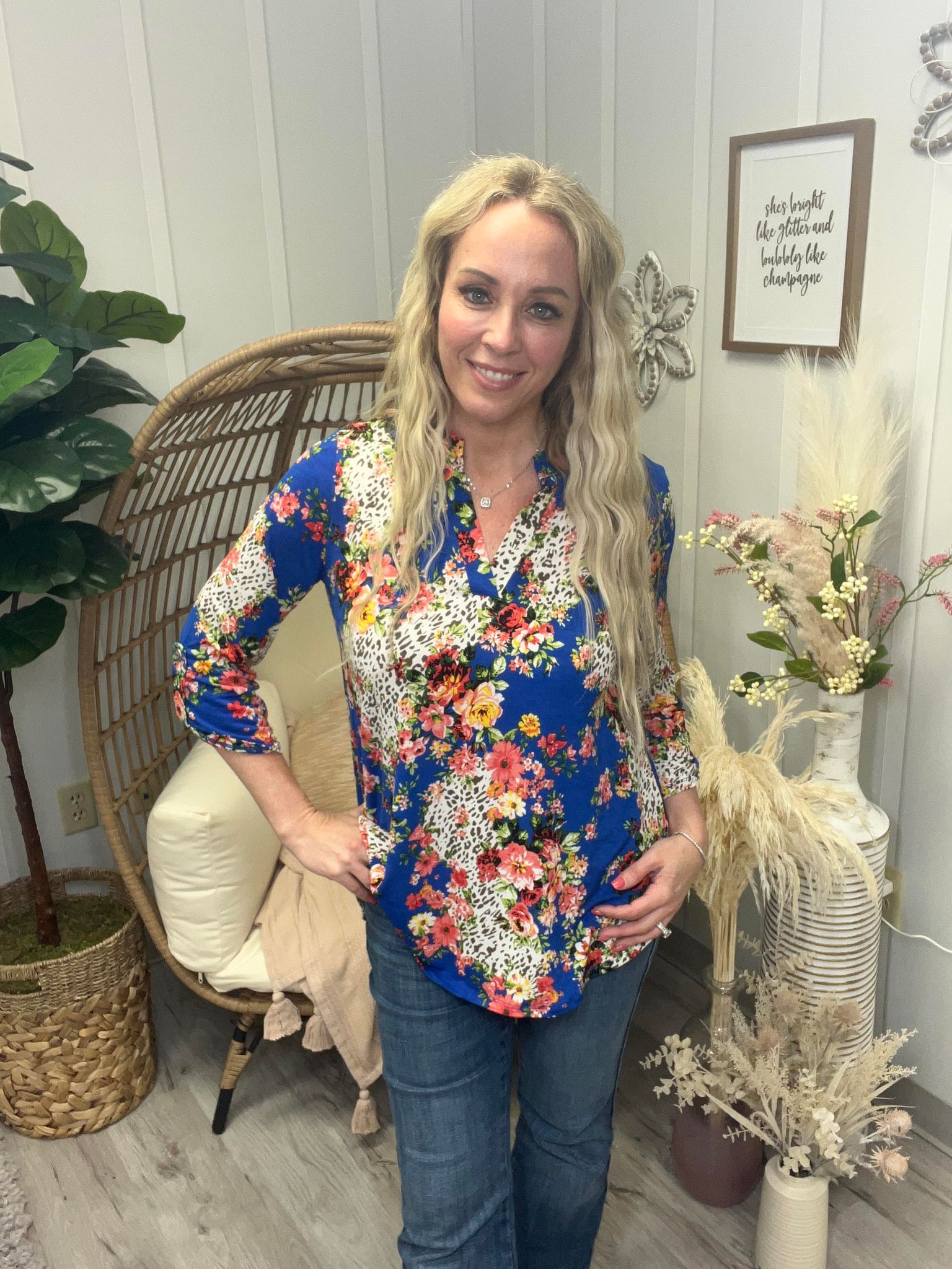 Dear Scarlett Blue Floral Leopard Explosion Top