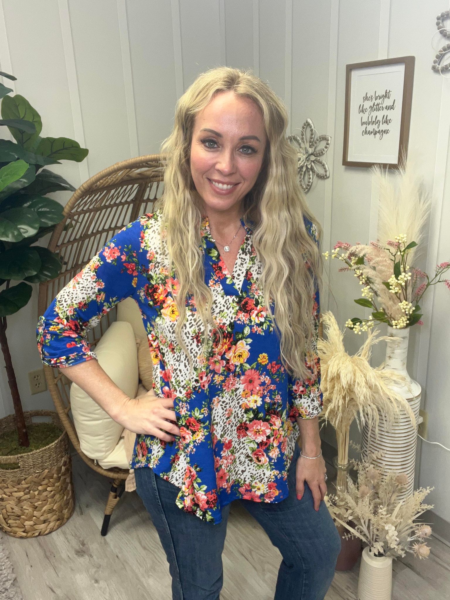 Dear Scarlett Blue Floral Leopard Explosion Top