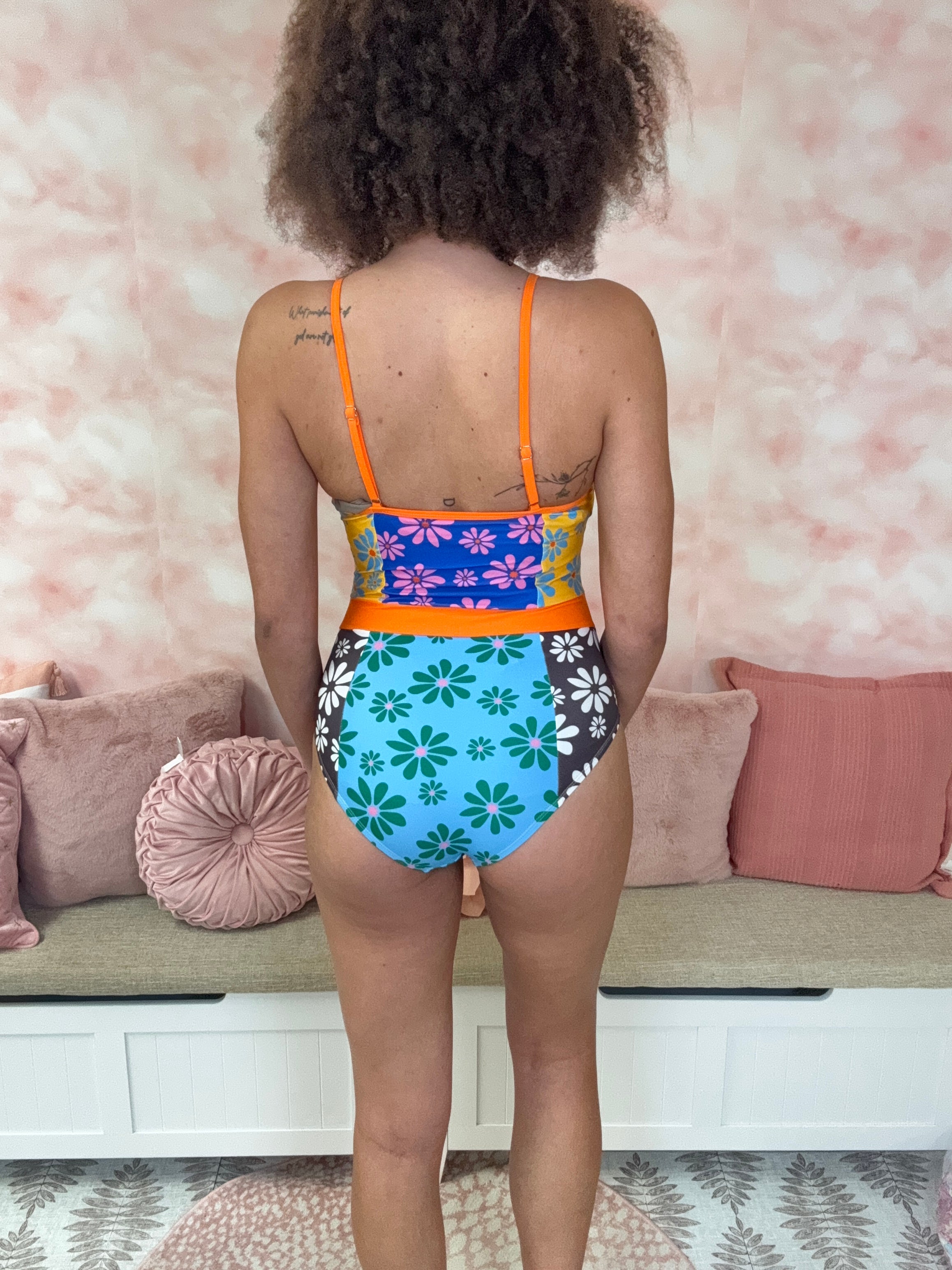 Dear Lover Colorblock Floral One Piece Swimsuit