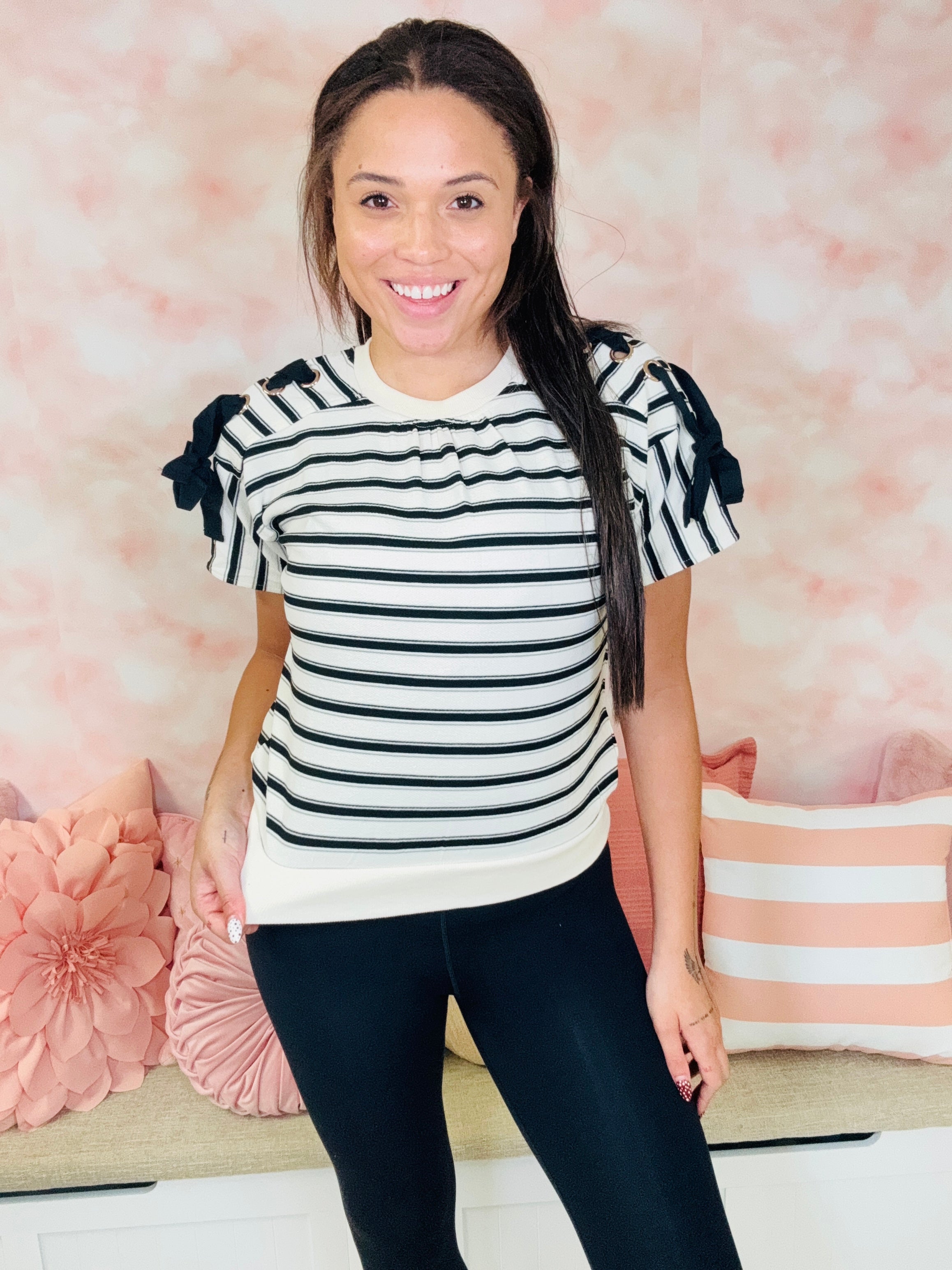 Voy Striped Short Sleeve Ribbon Top