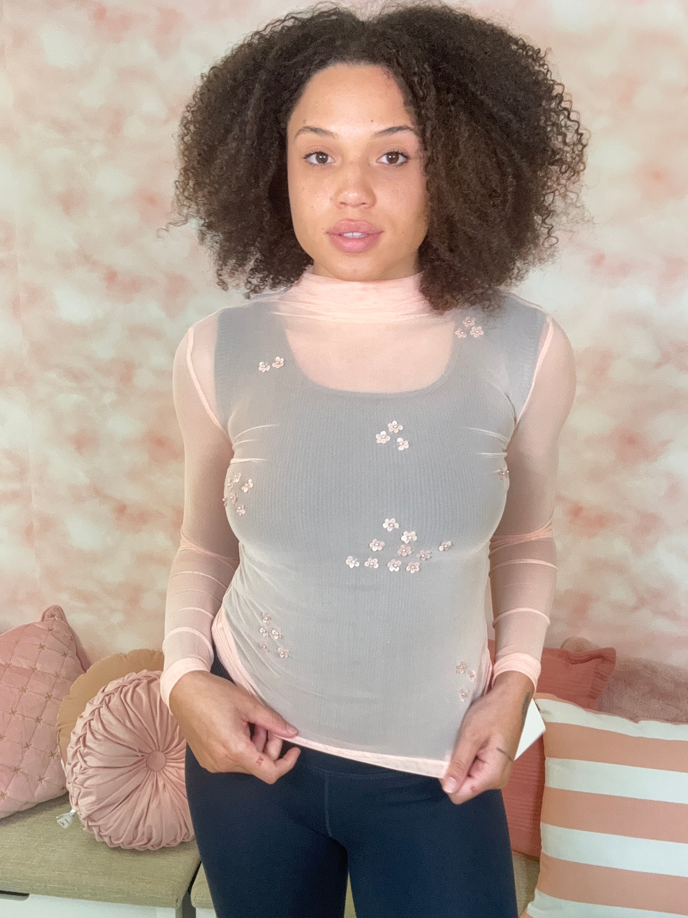 White Birch Pink Long Sleeve Mesh Top