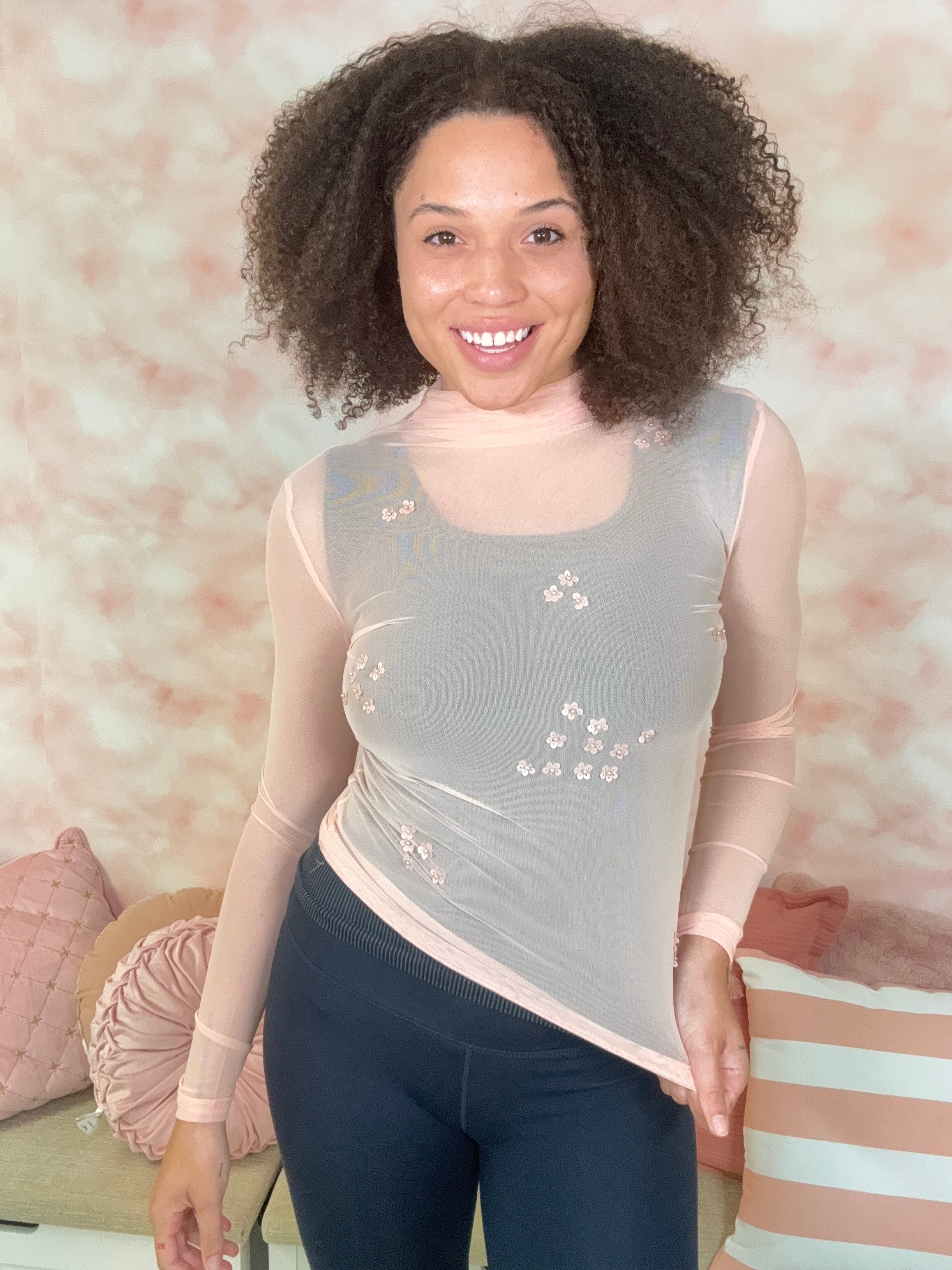 White Birch Pink Long Sleeve Mesh Top