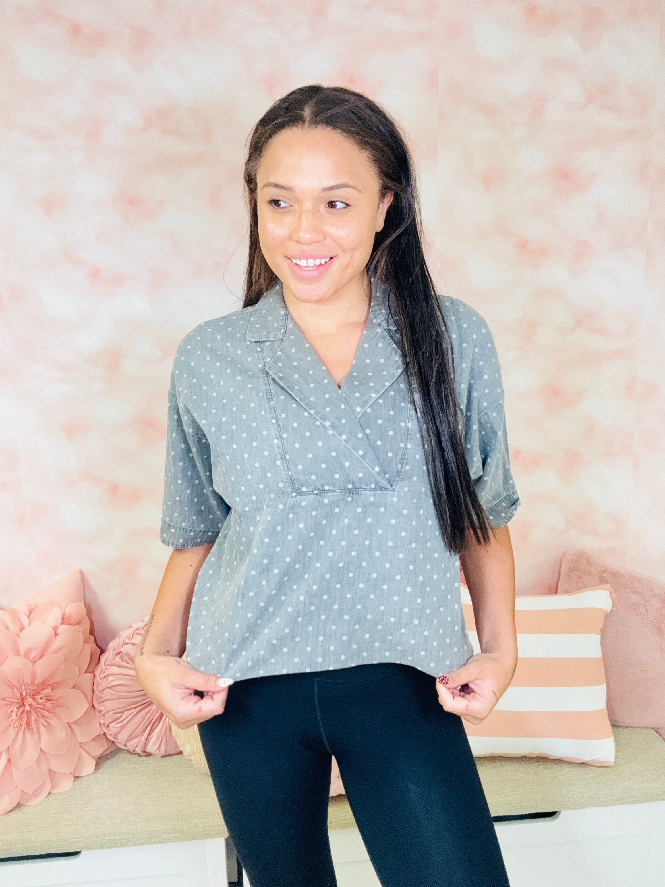 The Greii Wide Placket Polka Dot Top