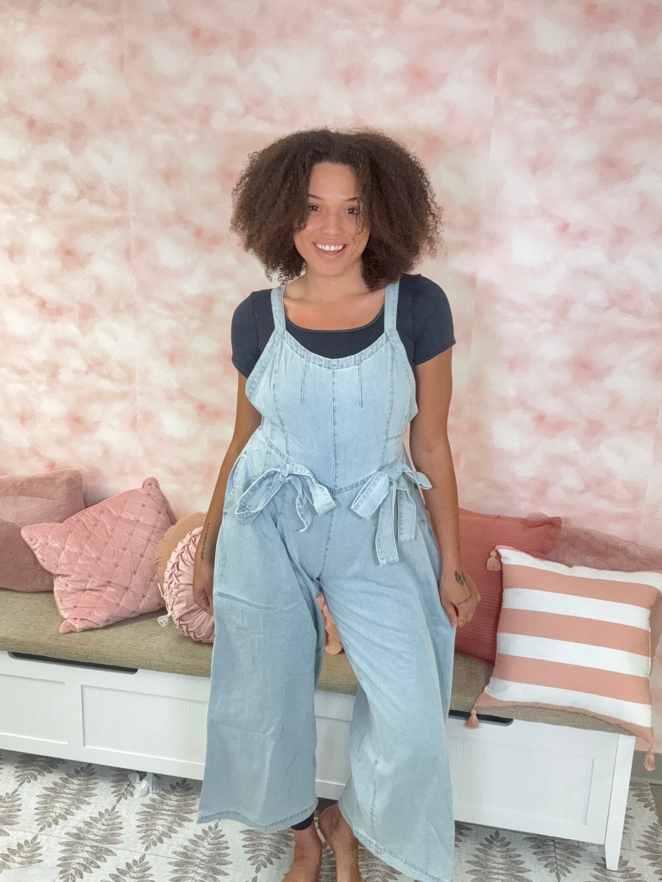 Peach Love Sleeveless Front Bow Denim Jumpsuit