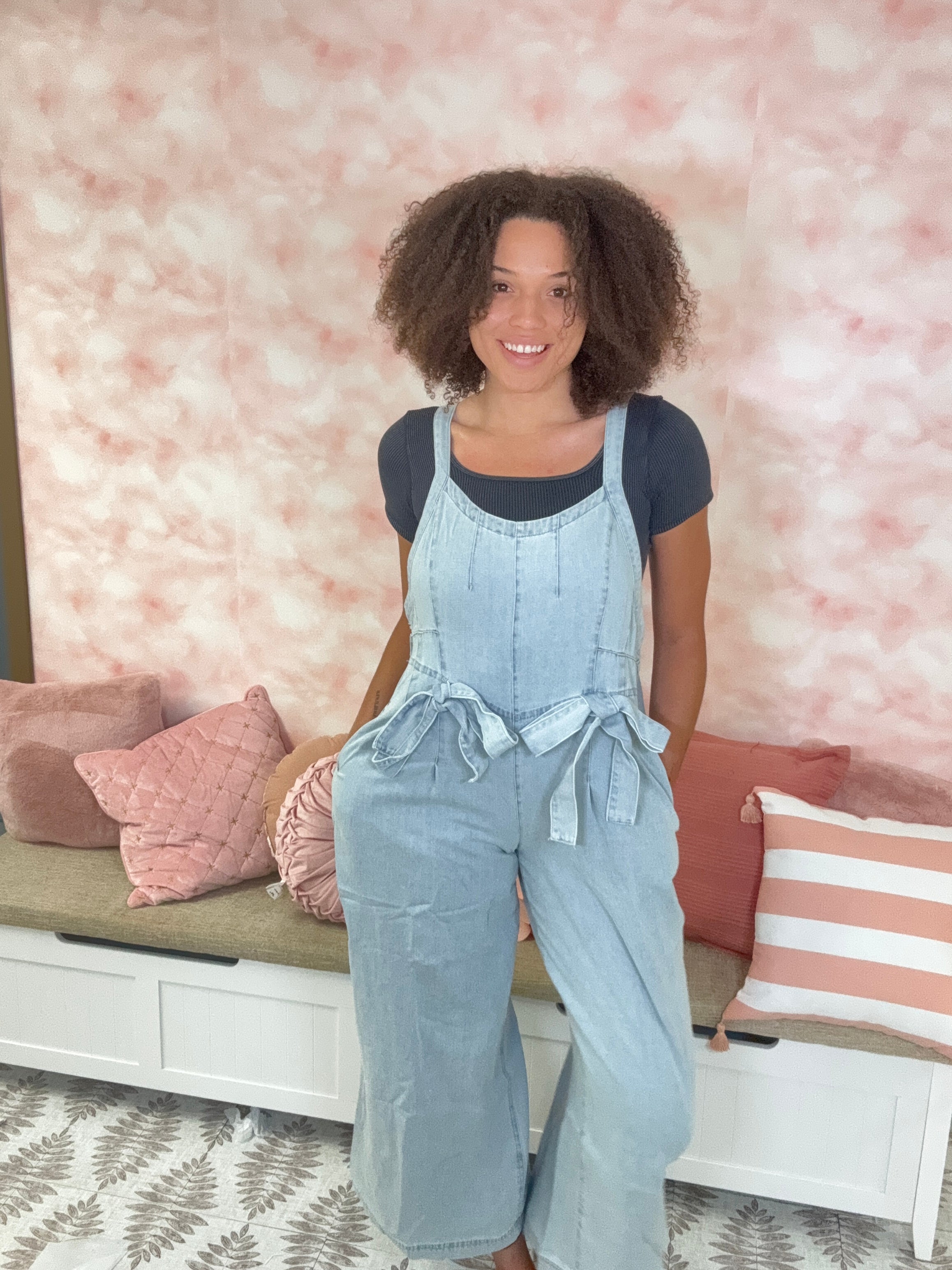 Peach Love Sleeveless Front Bow Denim Jumpsuit