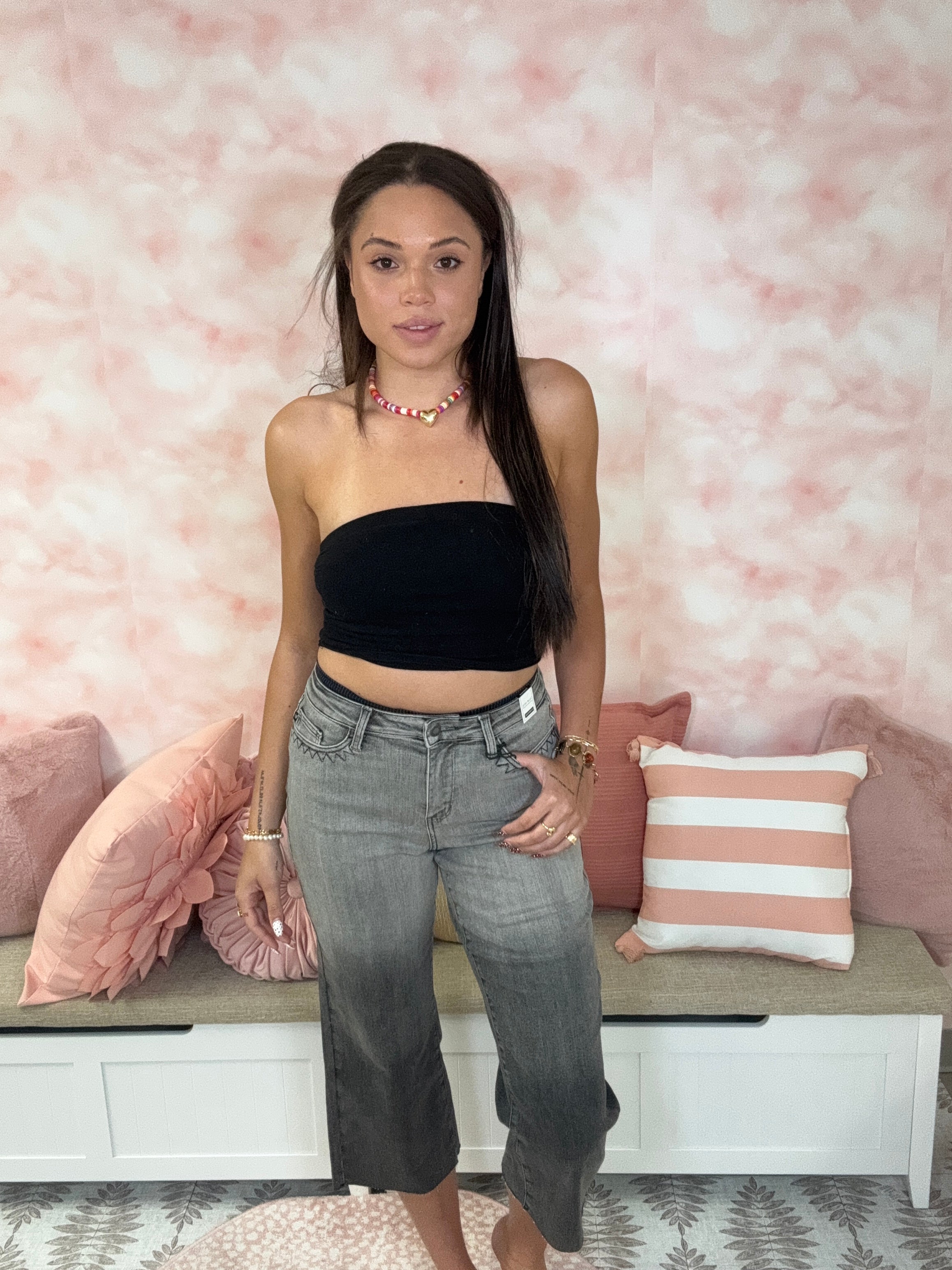 Judy Blue HW Vintage Grey w/ Embroidered Front Pocket Crop Jean