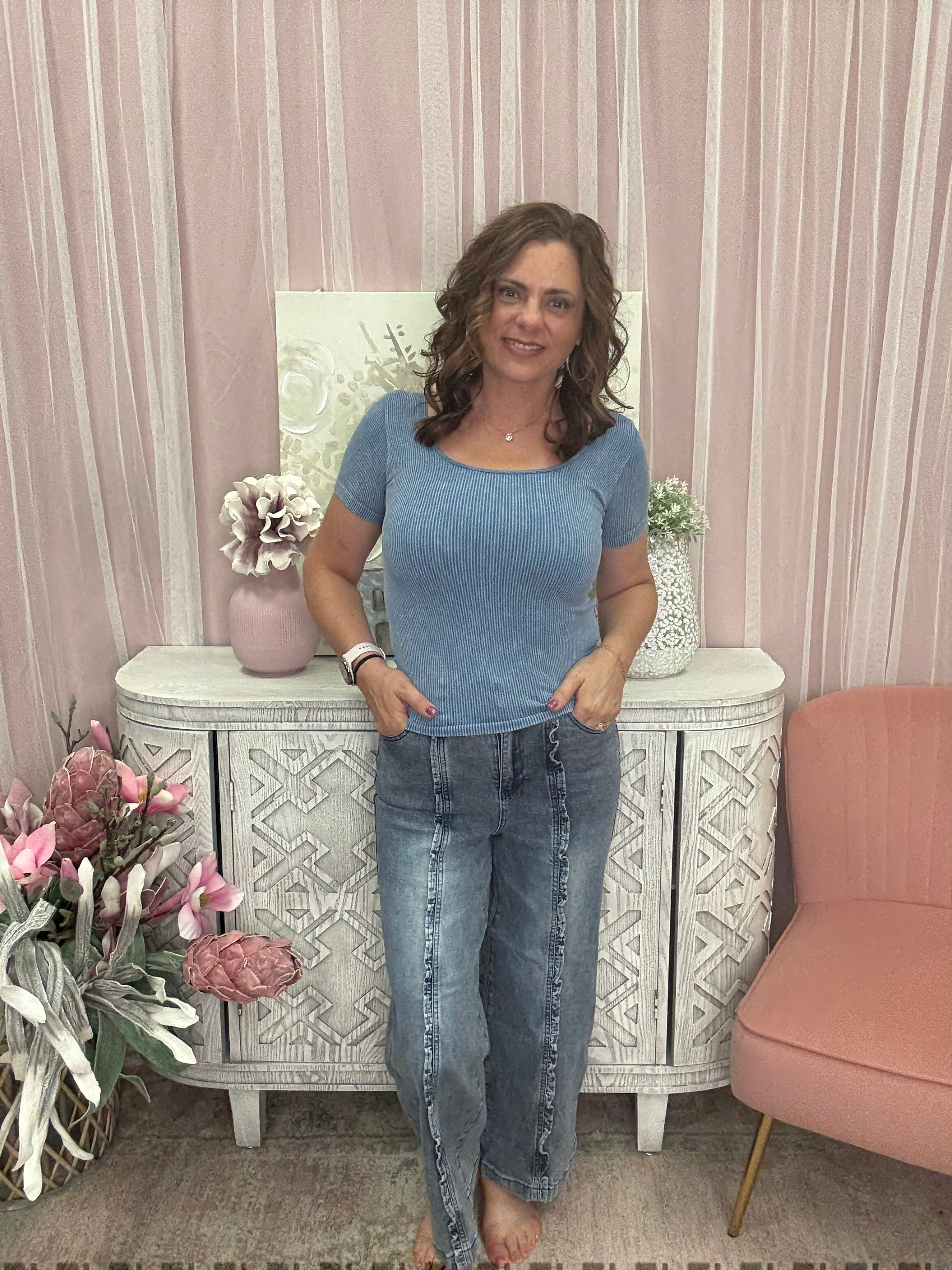 Lovelo High Waisted Ruffle Trim Jeans