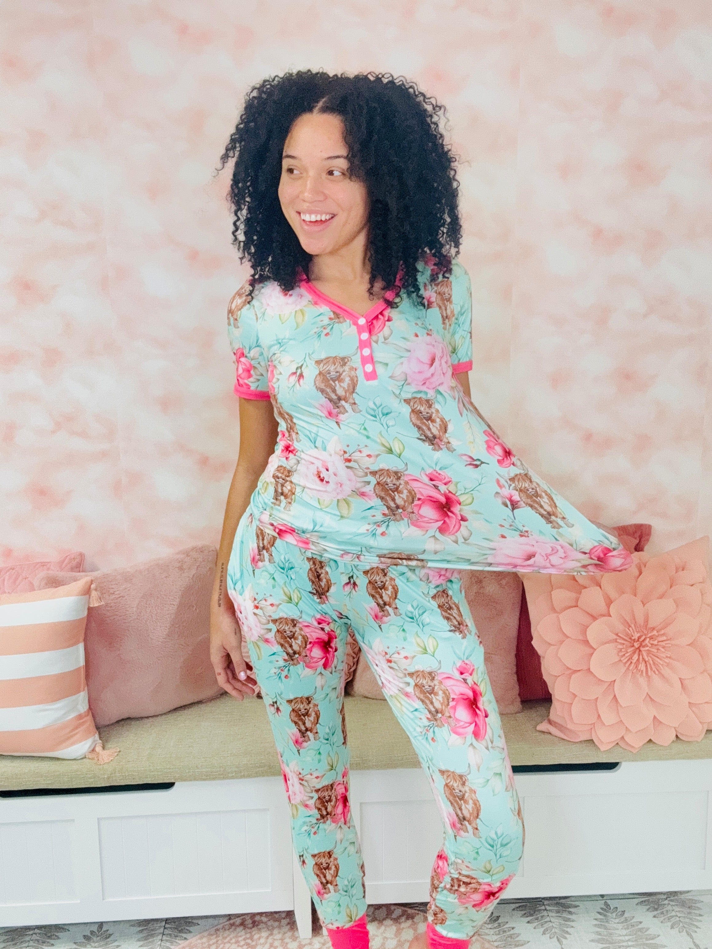 Shirley & Stone Highland Cow Floral Jogger Pajama Sets