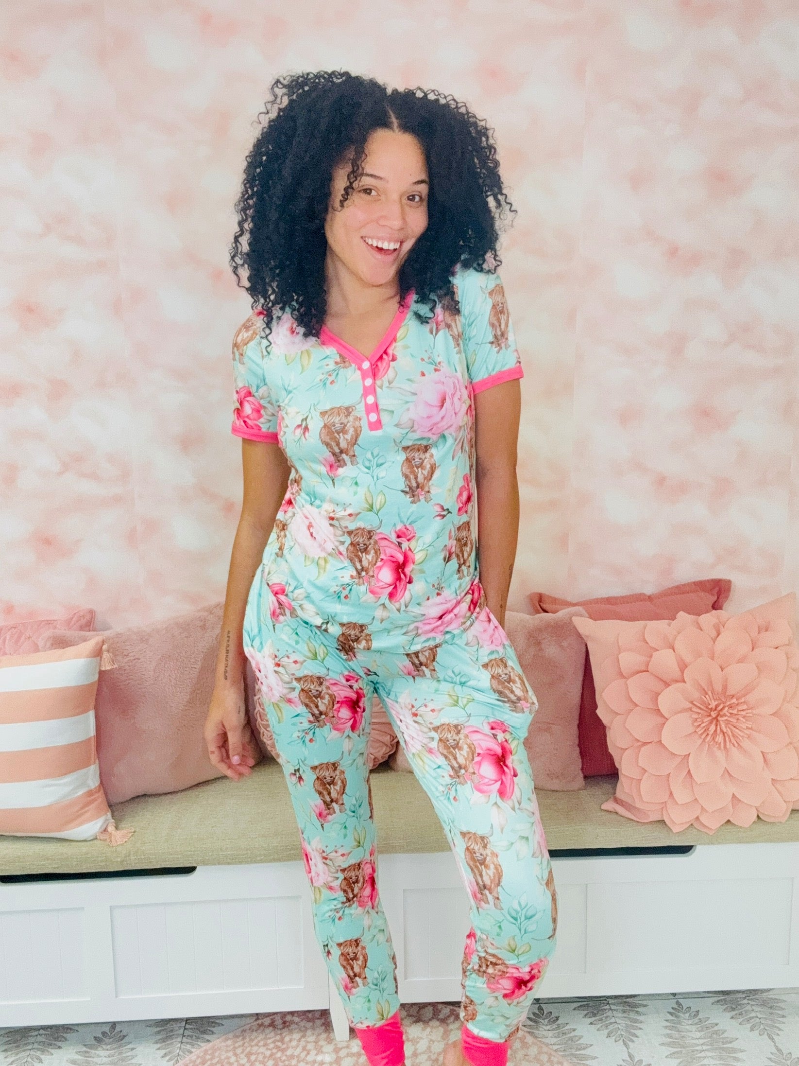 Shirley & Stone Highland Cow Floral Jogger Pajama Sets