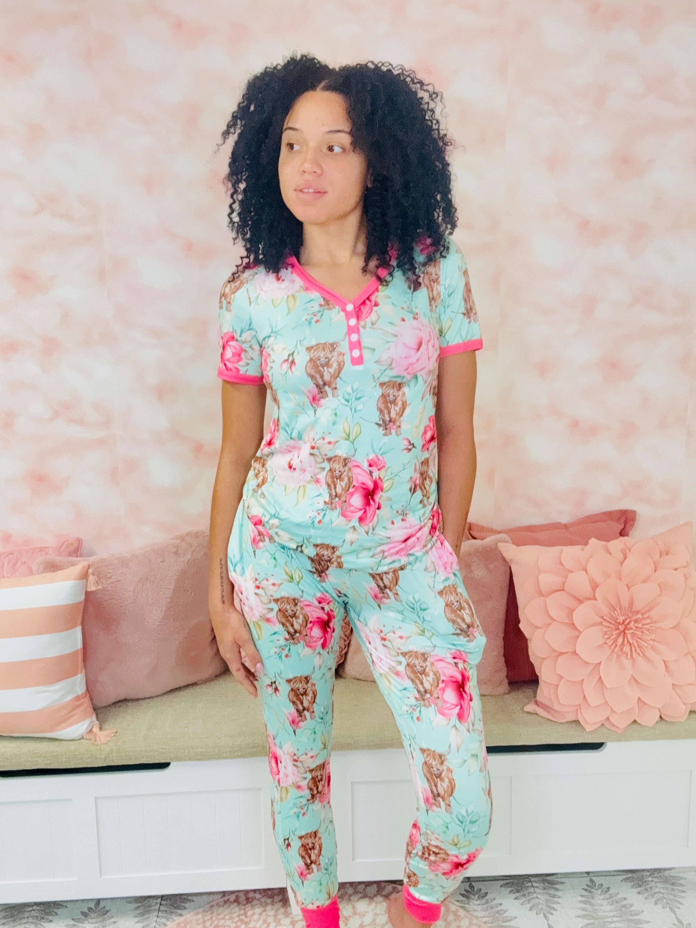 Shirley & Stone Highland Cow Floral Jogger Pajama Sets