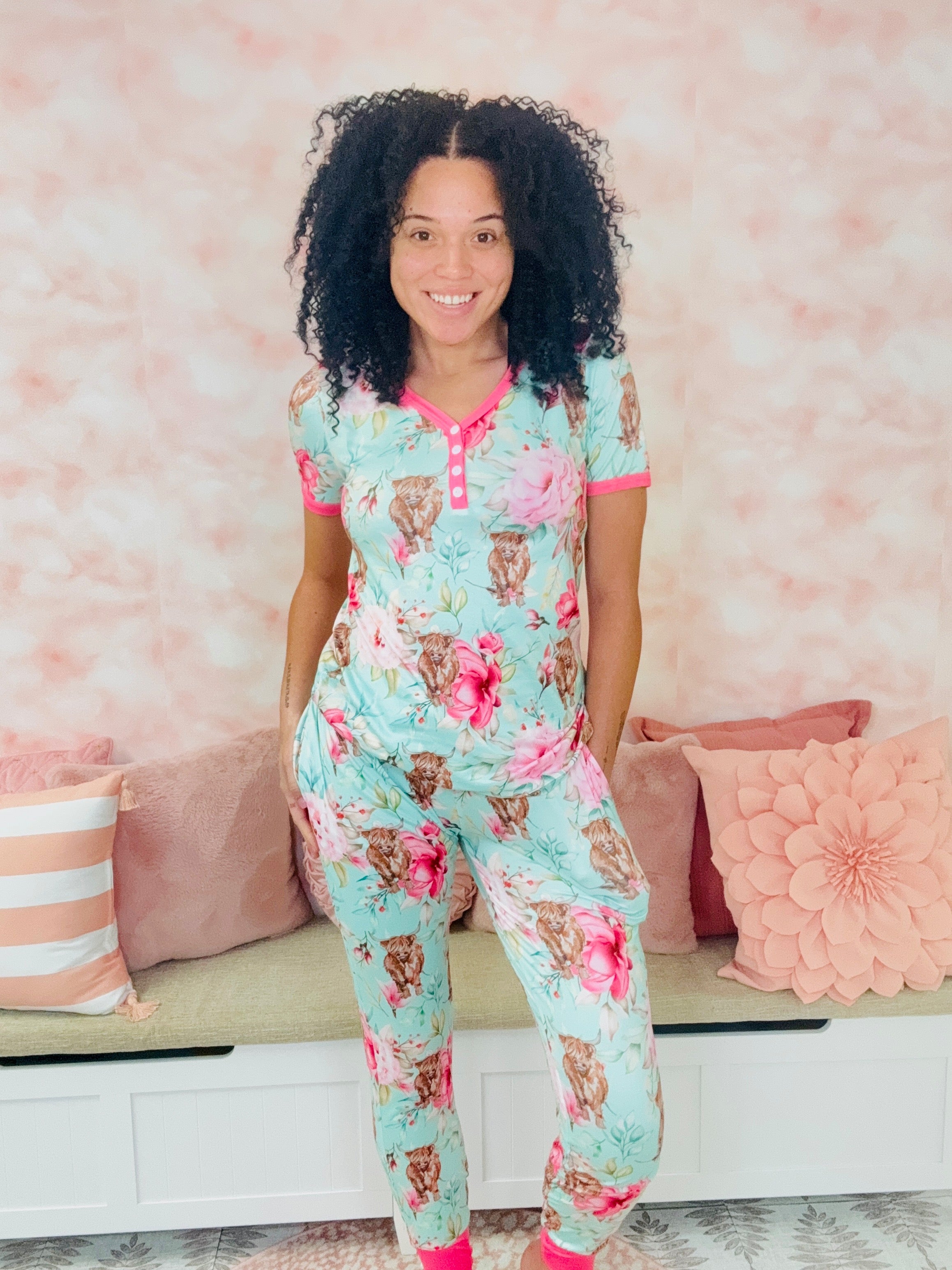 Shirley & Stone Highland Cow Floral Jogger Pajama Sets