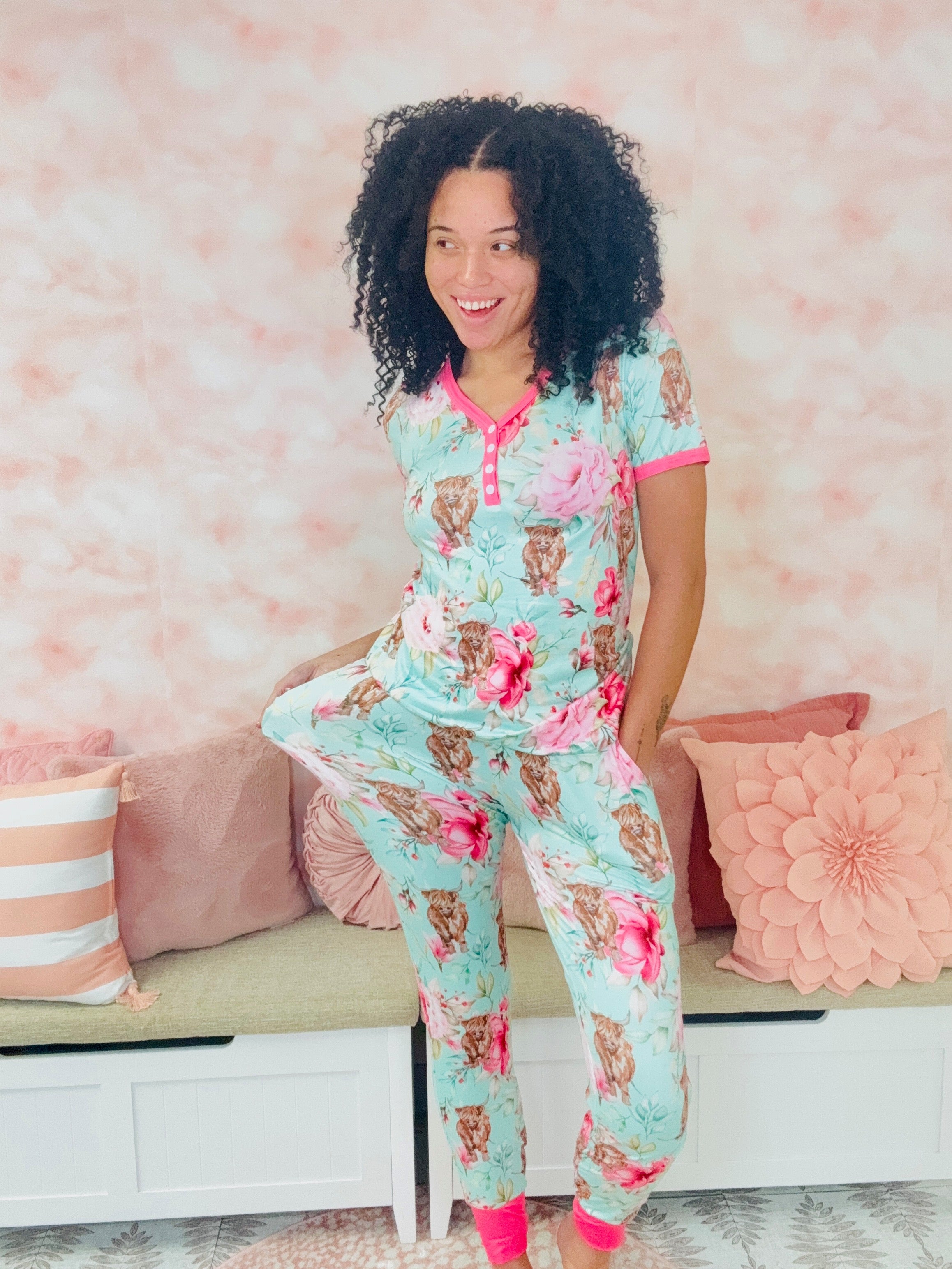 Shirley & Stone Highland Cow Floral Jogger Pajama Sets