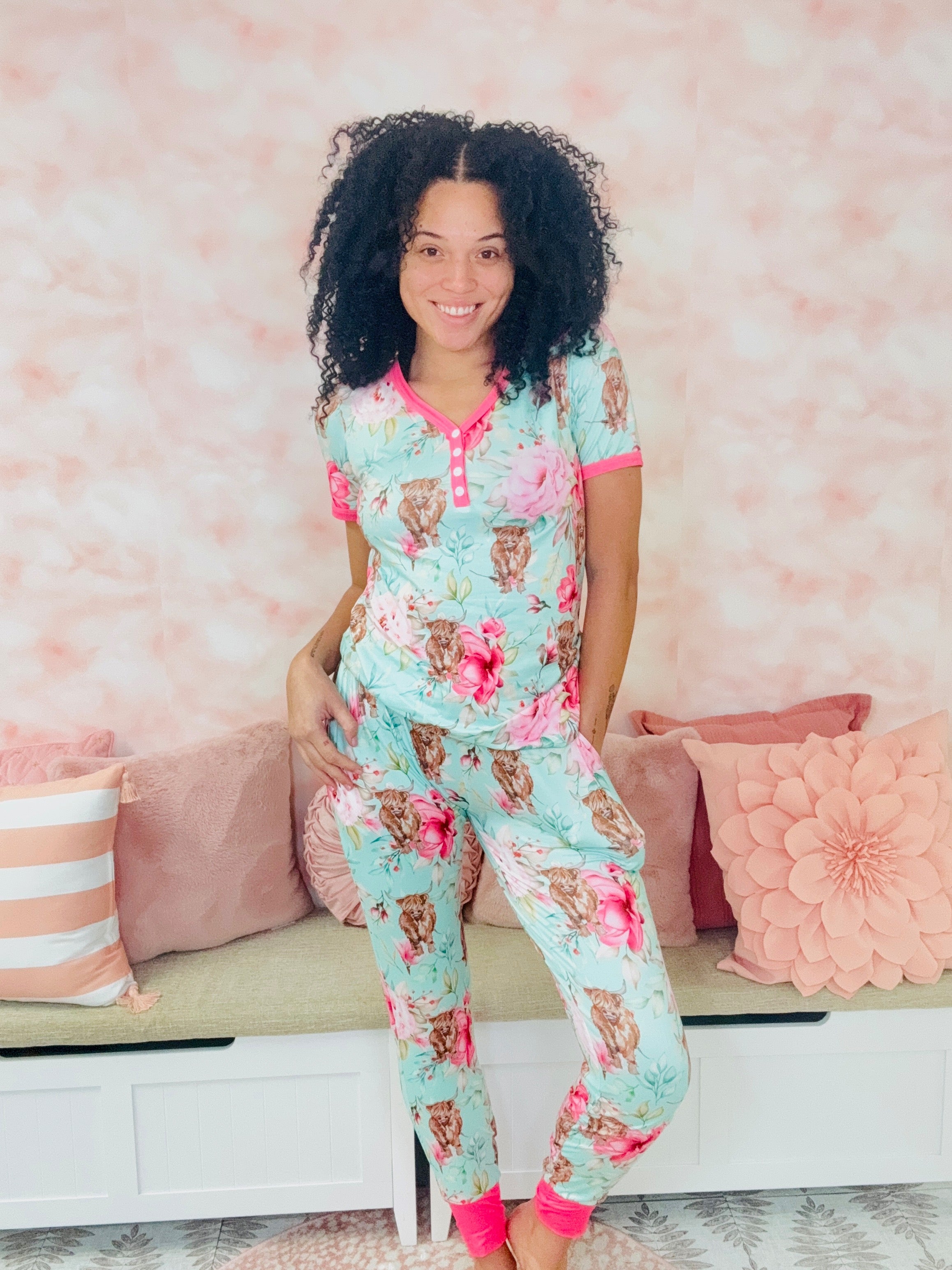 Shirley & Stone Highland Cow Floral Jogger Pajama Sets