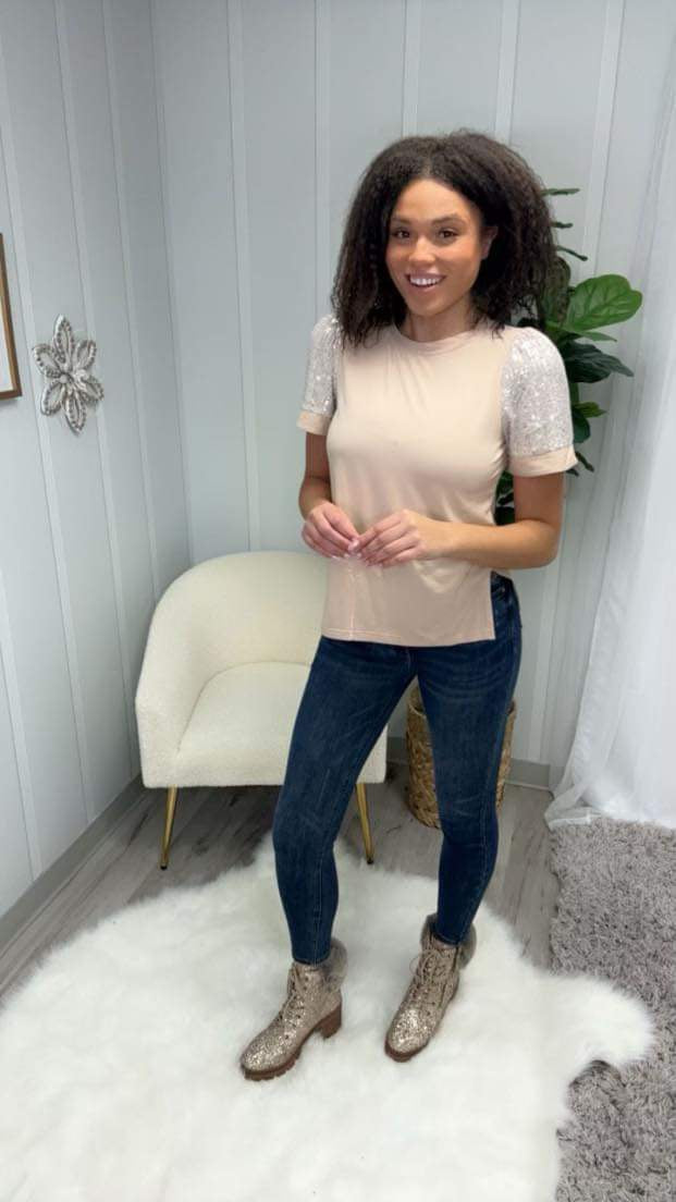 White Birch Sequin Short Sleeve Top
