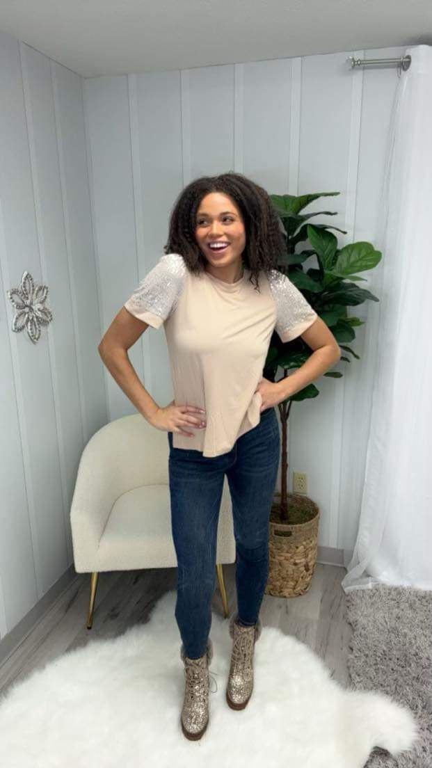 White Birch Sequin Short Sleeve Top