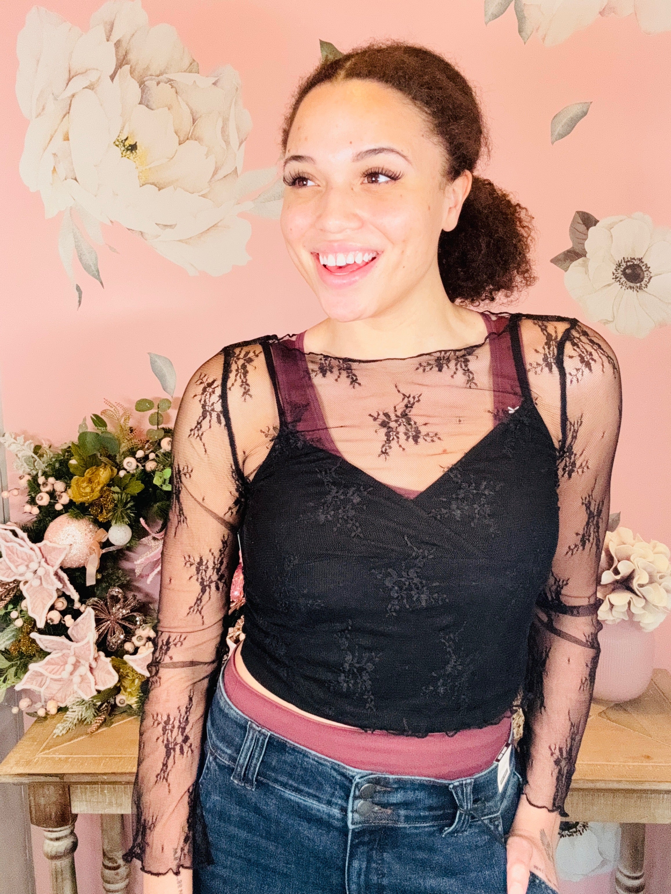 Dear Lover Black Lace Mesh Burnout with Cami
