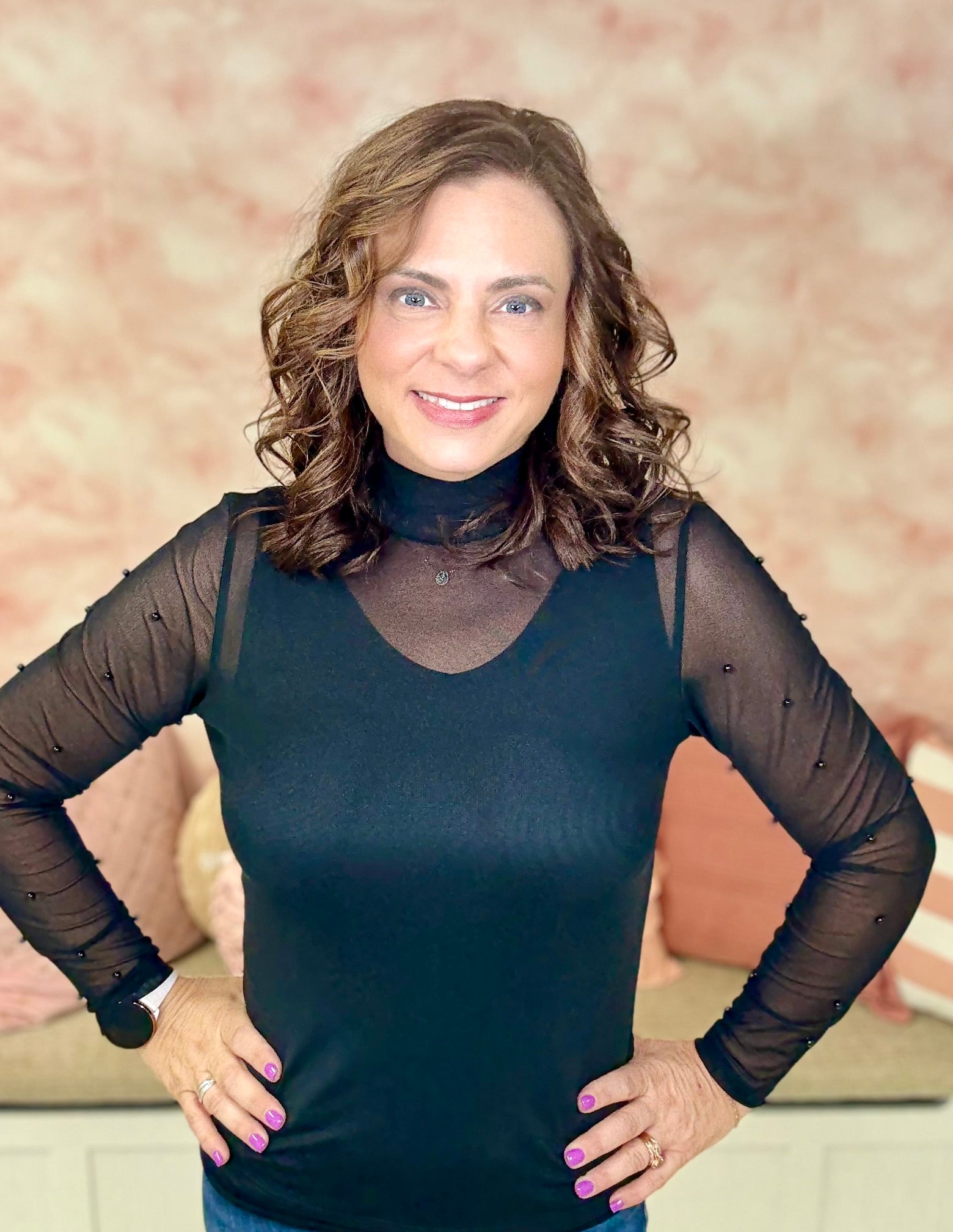 Southern Grace Black Mesh Pearl Detailed Top