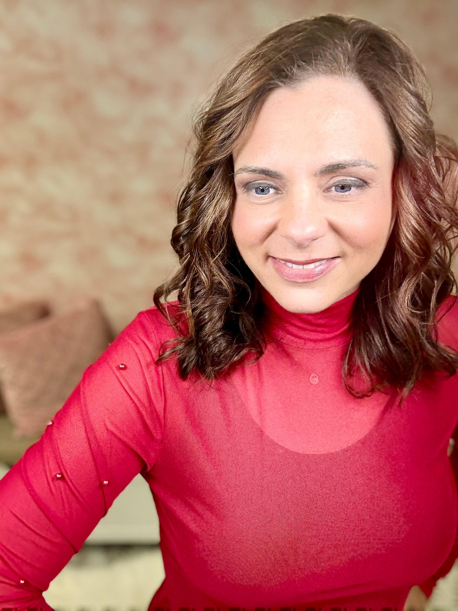 Southern Grace Red Mesh Pearl Detailed Top