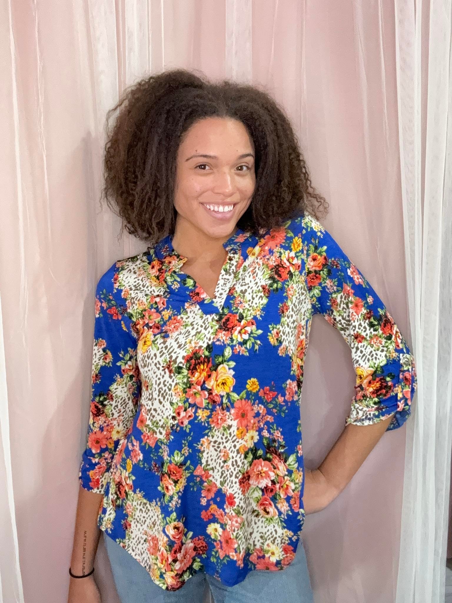 Dear Scarlett Blue Floral Leopard Explosion Top