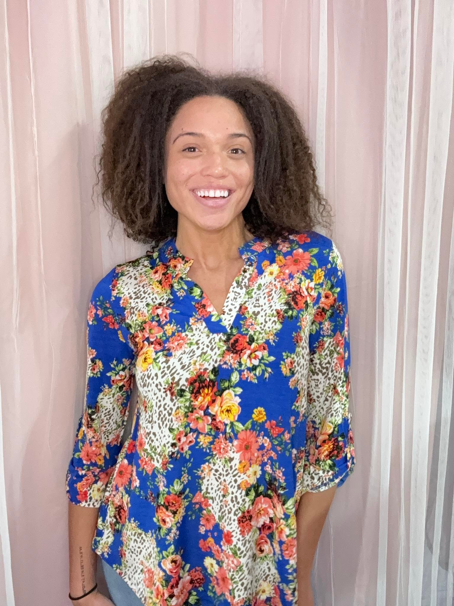 Dear Scarlett Blue Floral Leopard Explosion Top