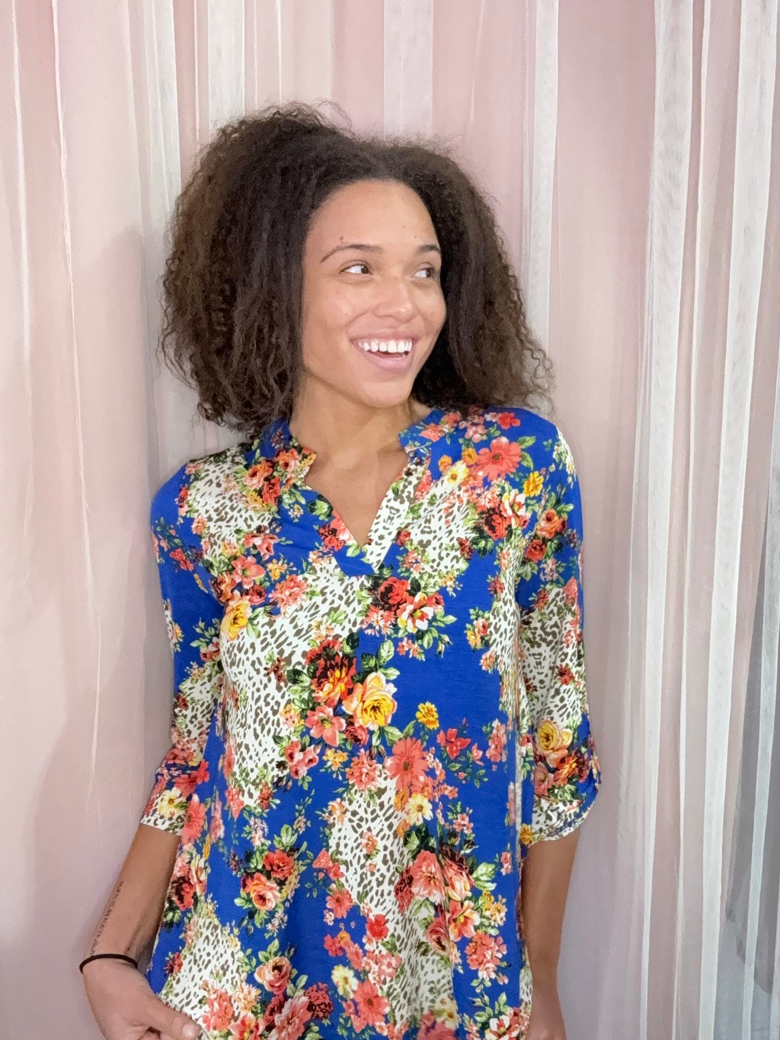 Dear Scarlett Blue Floral Leopard Explosion Top