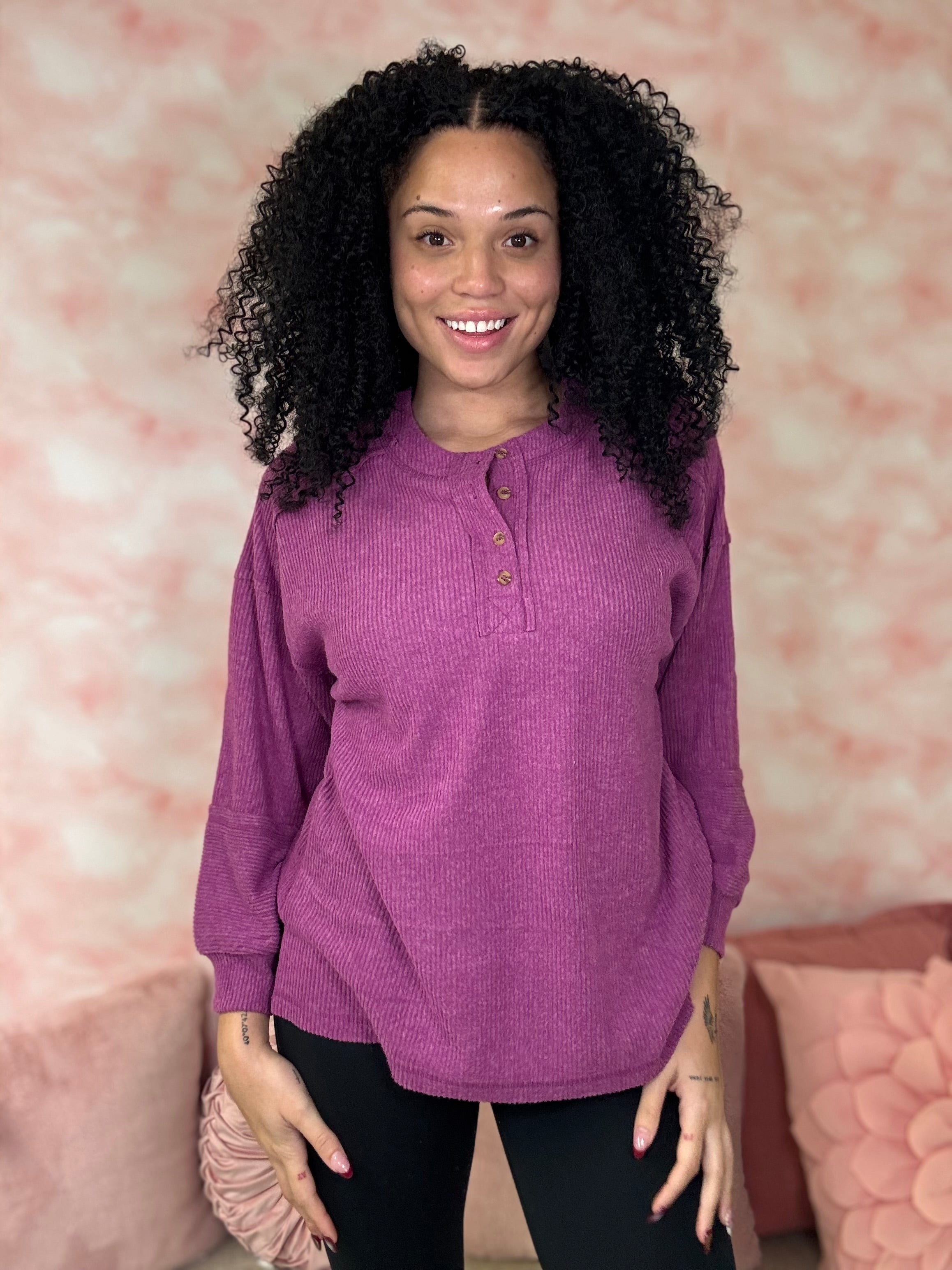 Zenana Brushed Melange Oversized Henley Sweaters