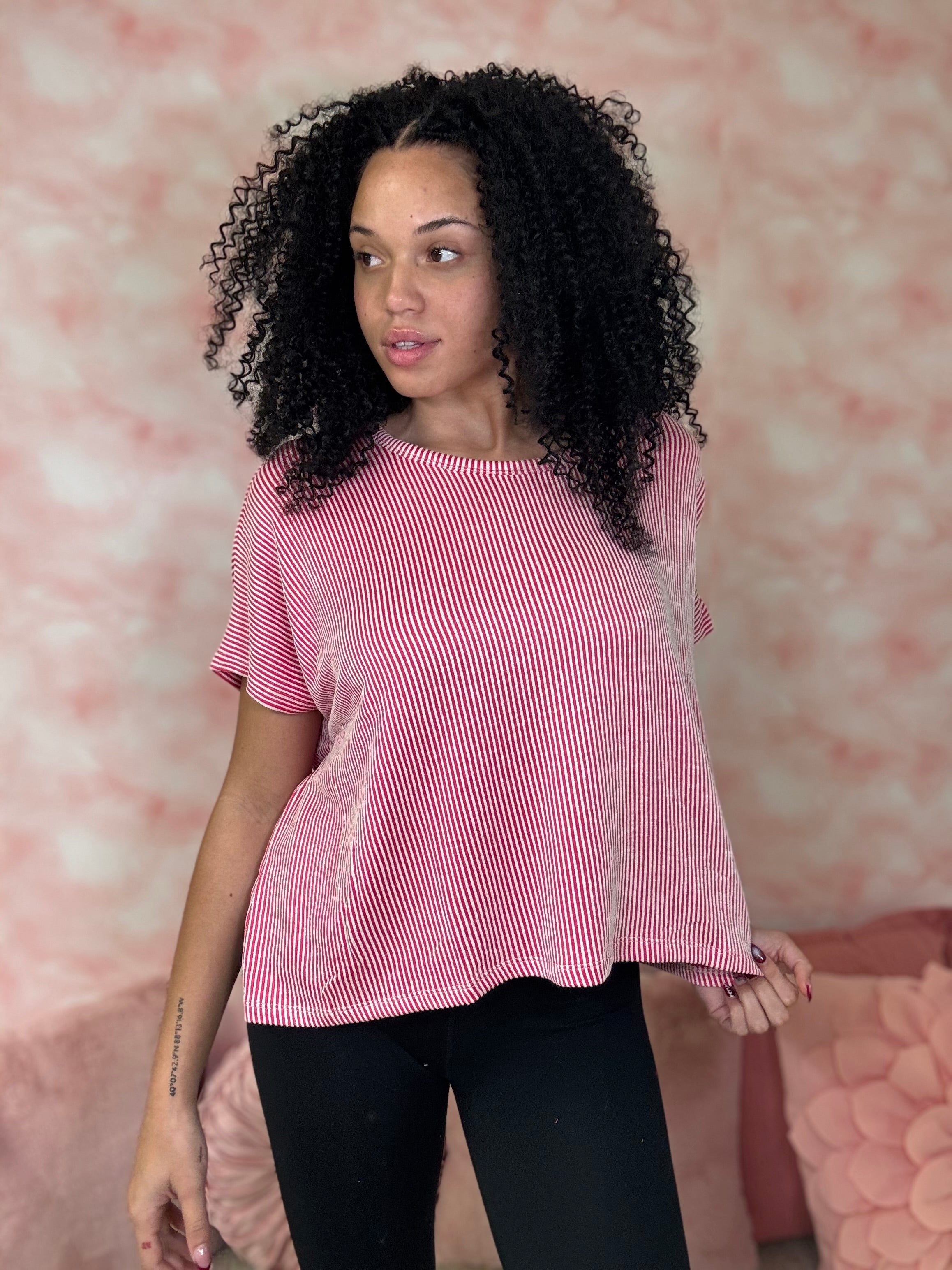 Zenana Ribbed Striped Short Sleeve Top