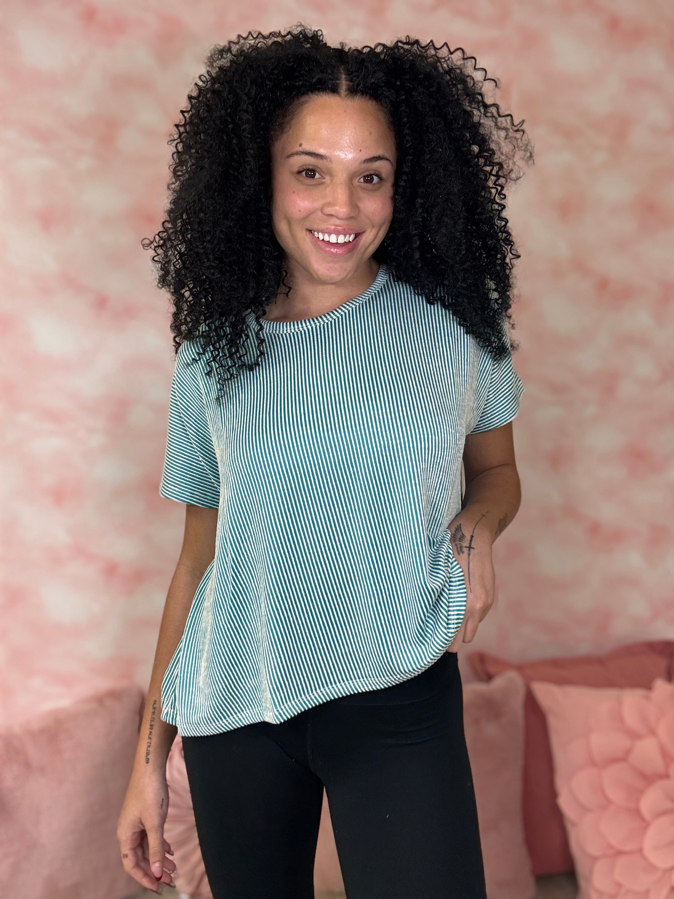 Zenana Ribbed Striped Short Sleeve Top