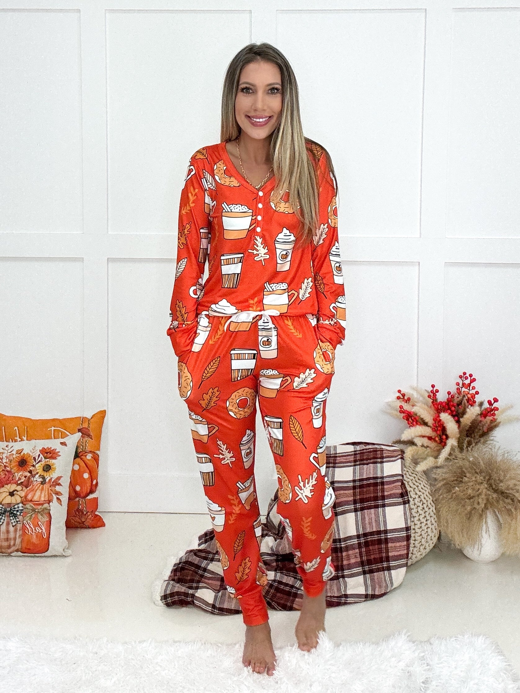 Pumpkin Spice Pajamas-220 Lounge wear/Pajamas- Simply Simpson's Boutique is a Women's Online Fashion Boutique Located in Jupiter, Florida