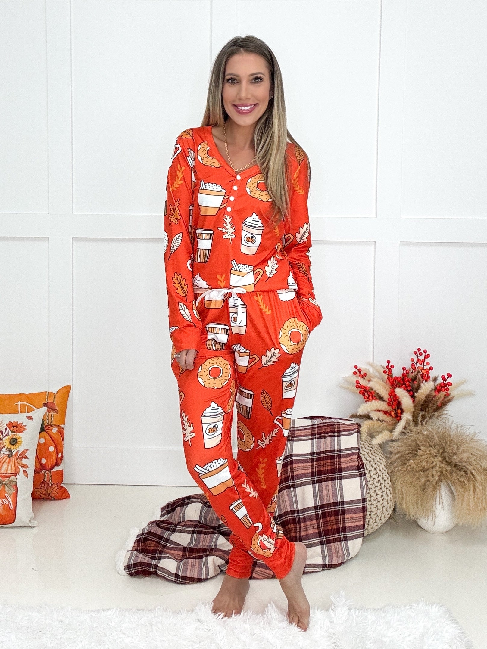 Pumpkin Spice Pajamas-220 Lounge wear/Pajamas- Simply Simpson's Boutique is a Women's Online Fashion Boutique Located in Jupiter, Florida
