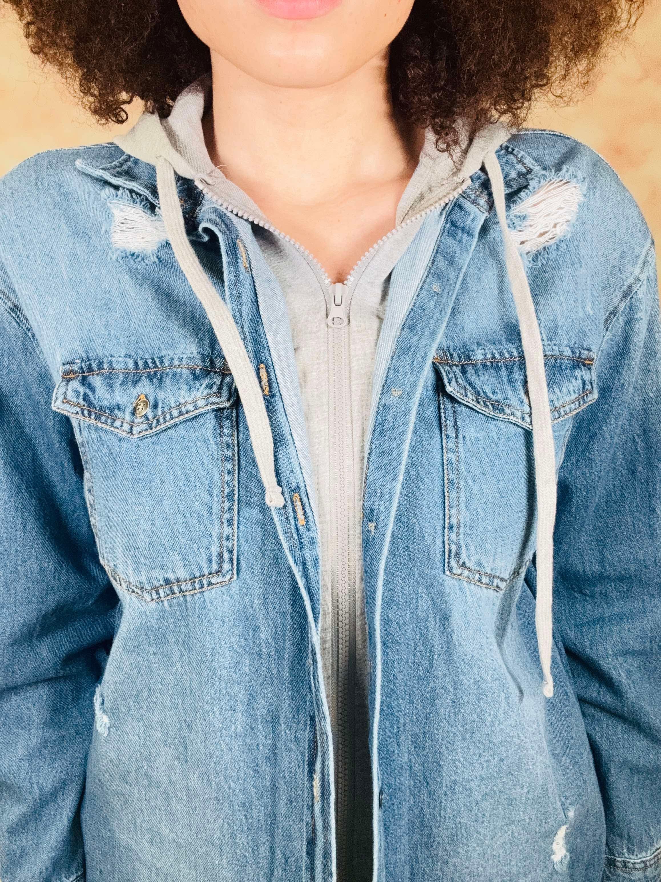 Risen Oversized Hooded Zip Up Denim Shirt