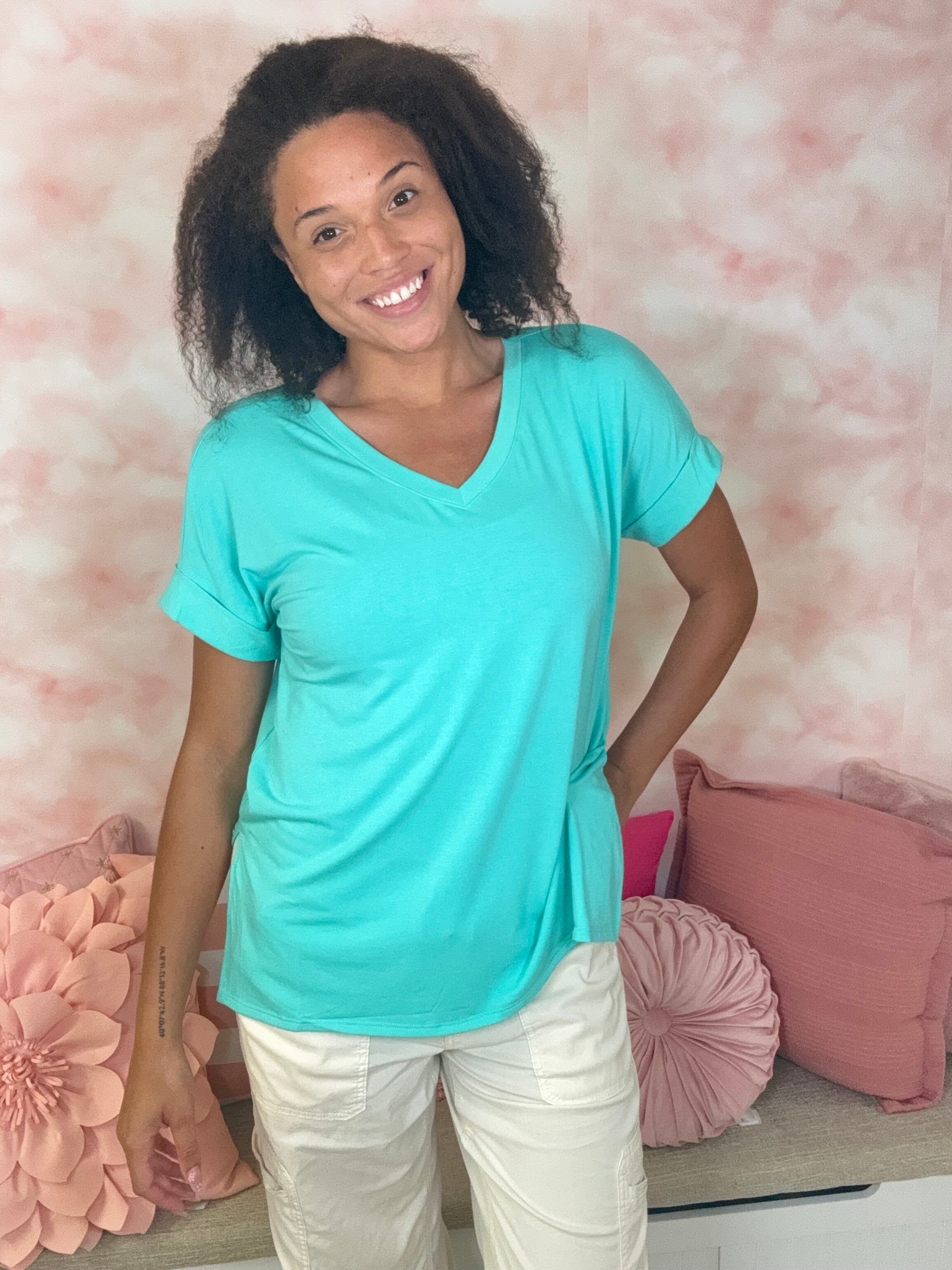 Zenana Rolled Short Sleeve Side Slit High-Lo Top