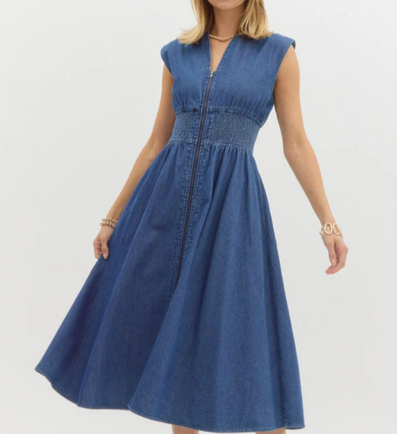 Entro Smocked Zipper Denim Midi Dress