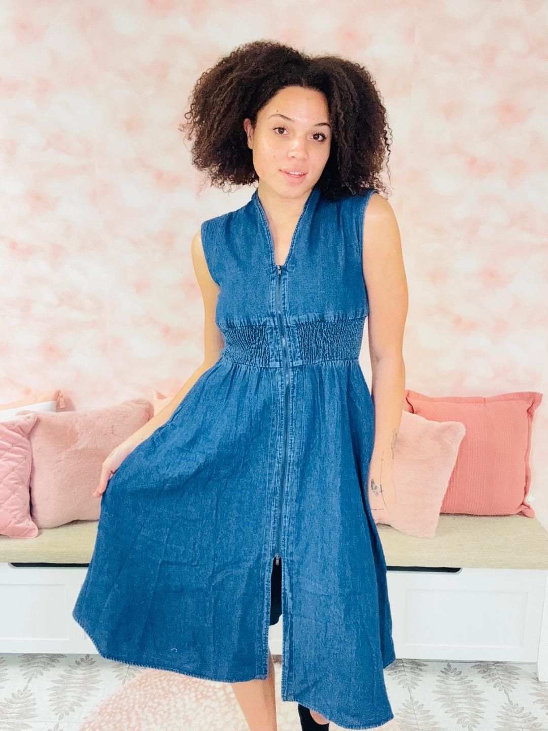 Entro Smocked Zipper Denim Midi Dress