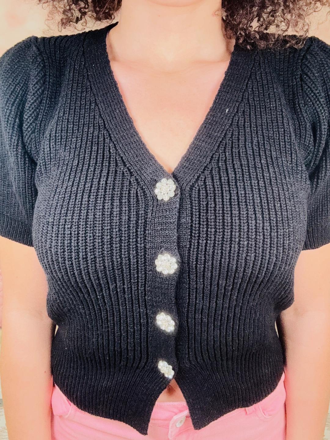 White Birch Knit Rhinestone Button Cardigan