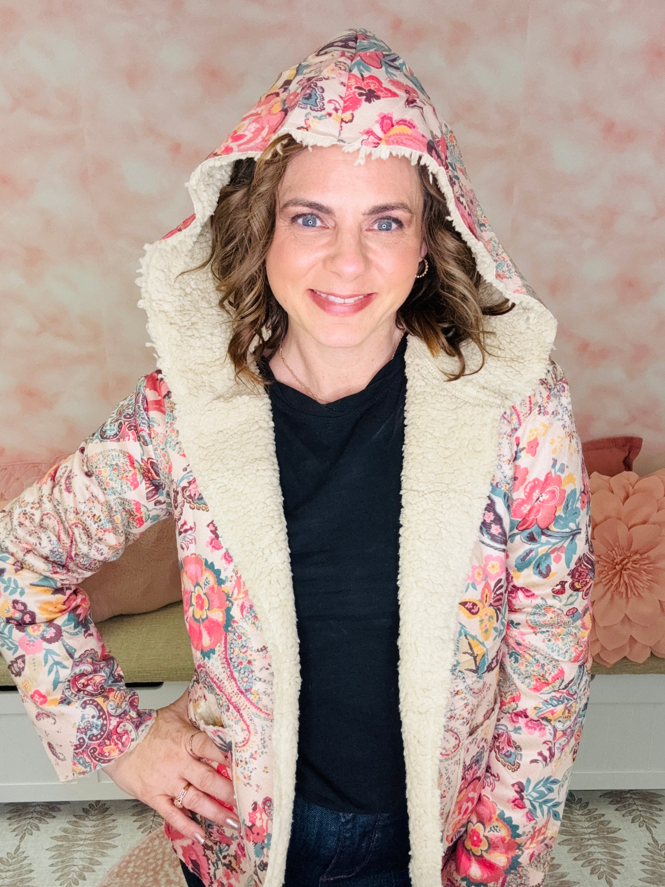 Dear Lover Paisley Floral Printed Sherpa Lined Hooded Jacket