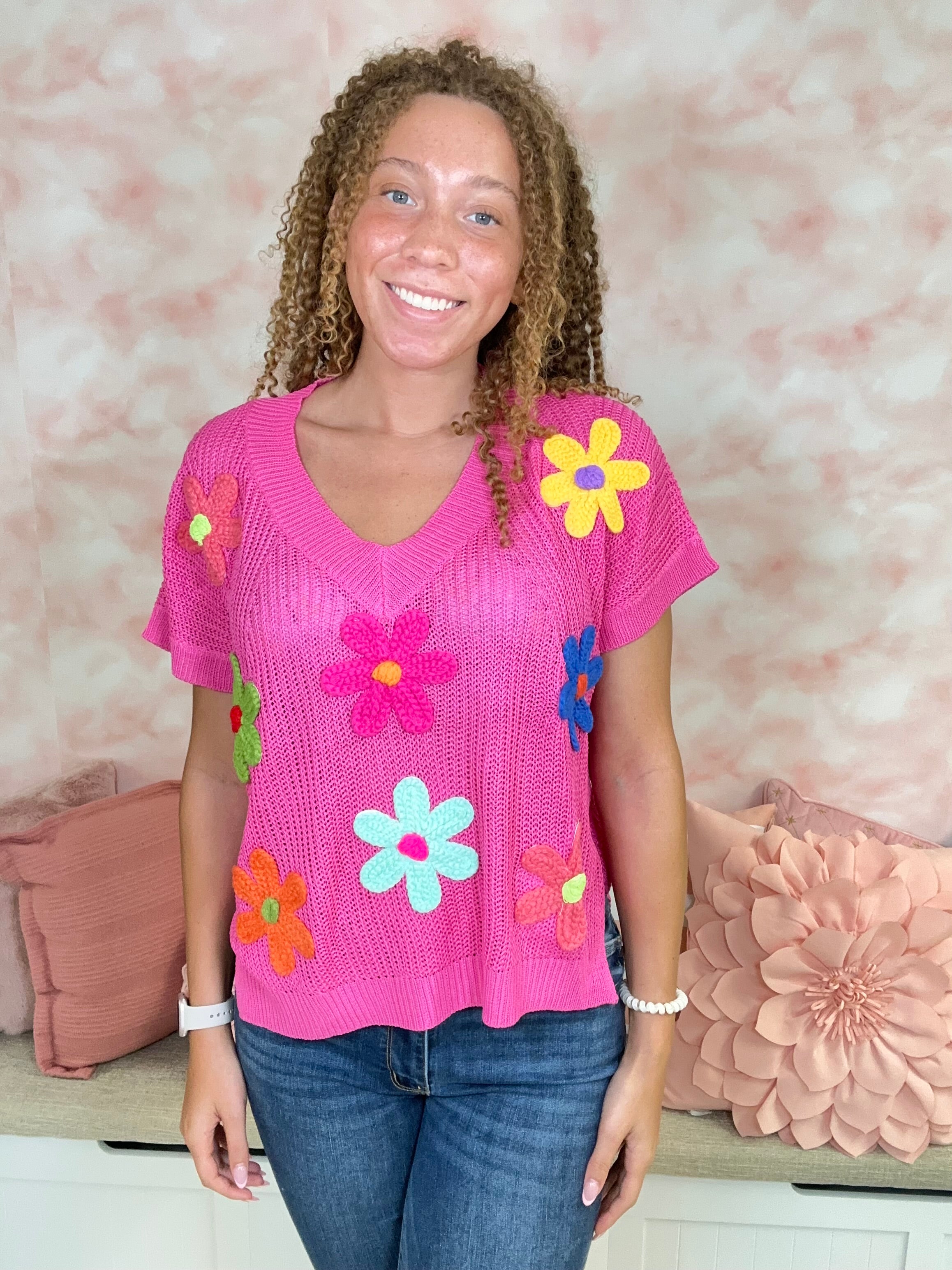 BiBi Crochet Flower Patches Lightweight Sweater