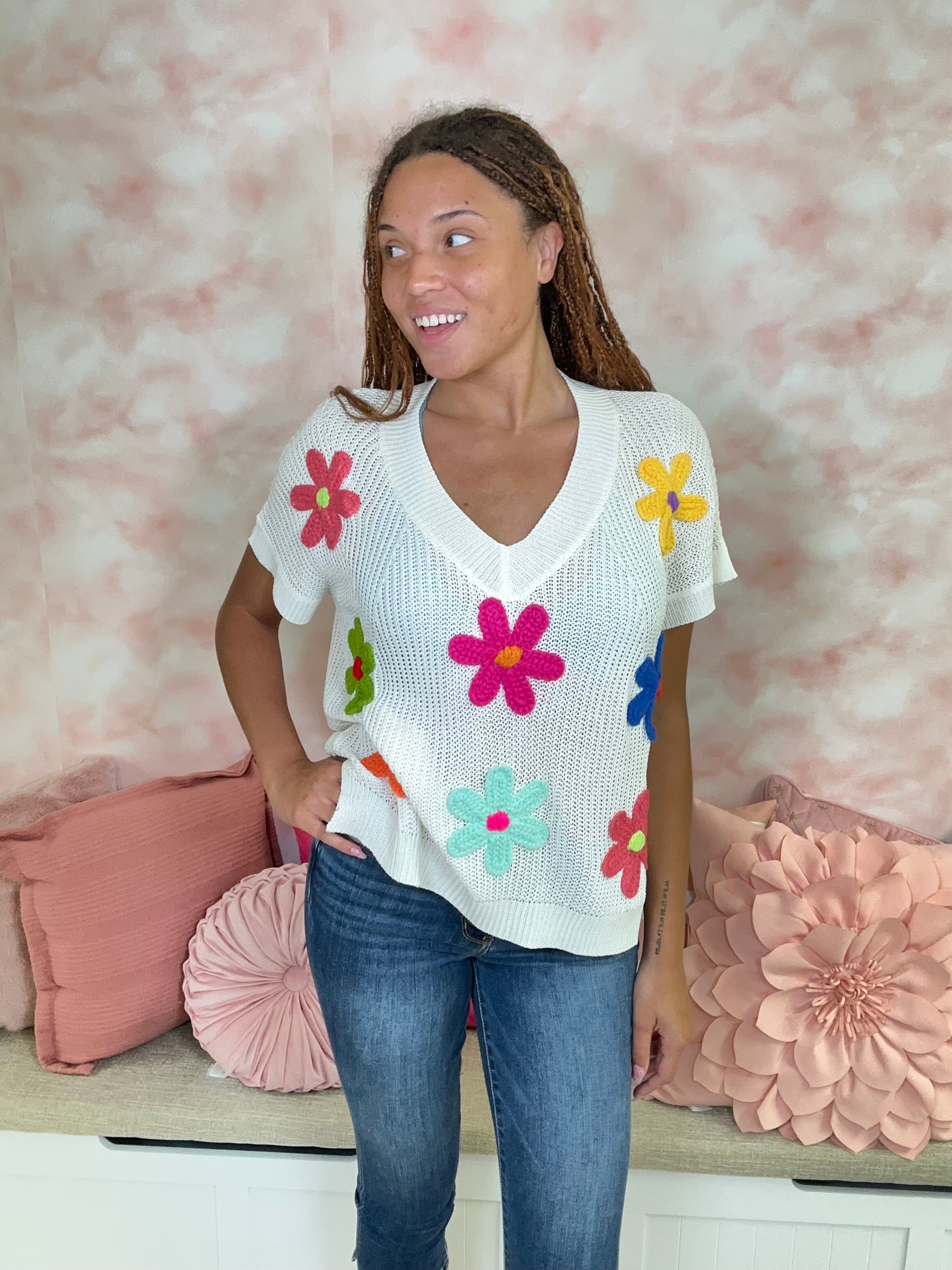 BiBi Crochet Flower Patches Lightweight Sweater