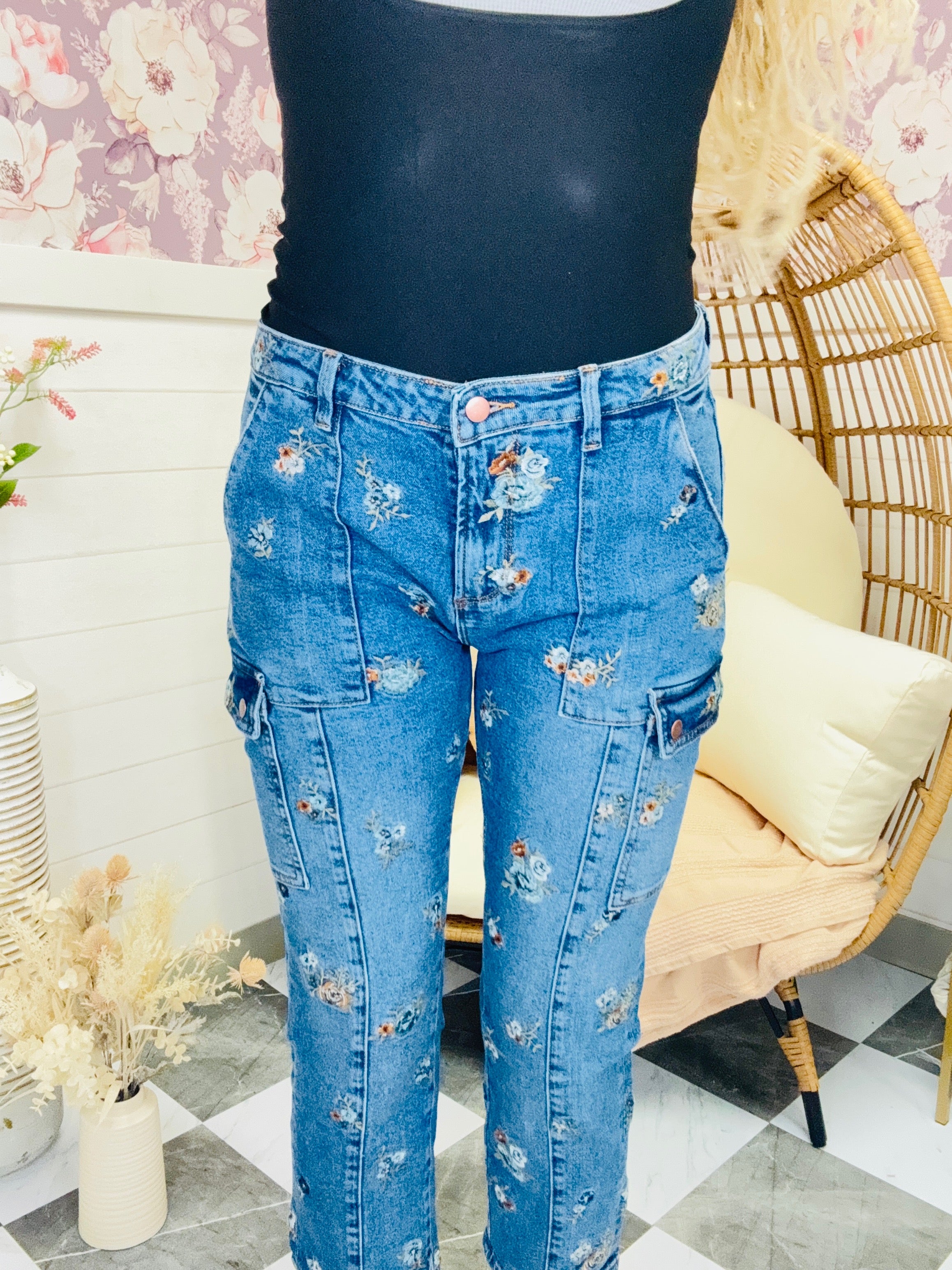 Oli & Hali Blue Flower Embroidered Denim