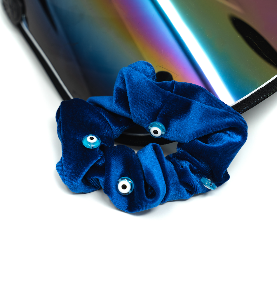 Blue Velvet Evil Eye Scrunchie