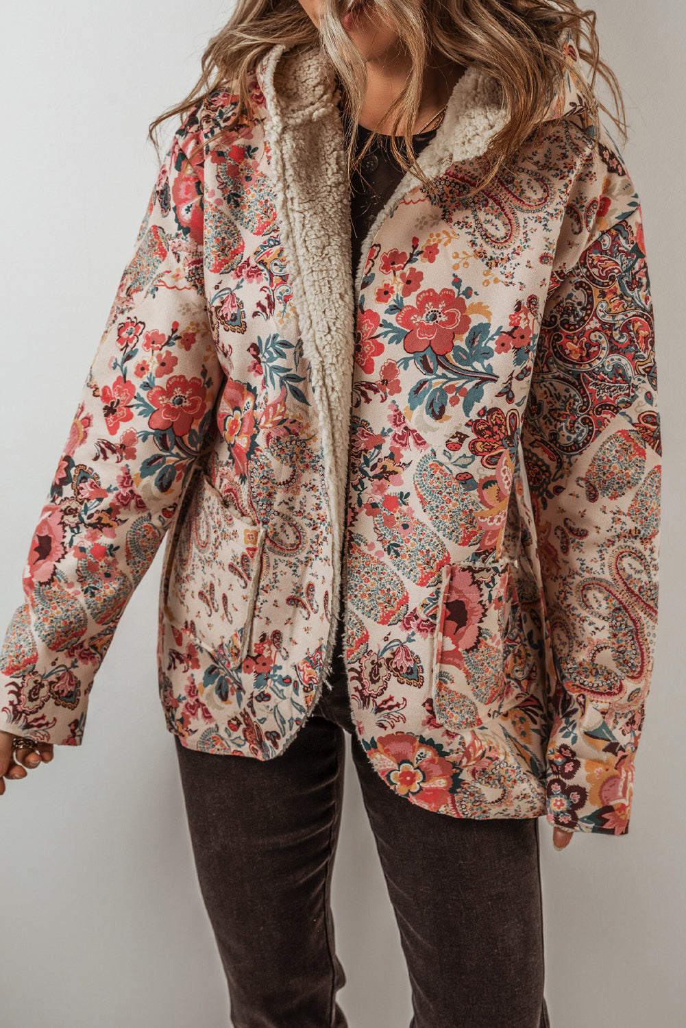 Dear Lover Paisley Floral Printed Sherpa Lined Hooded Jacket