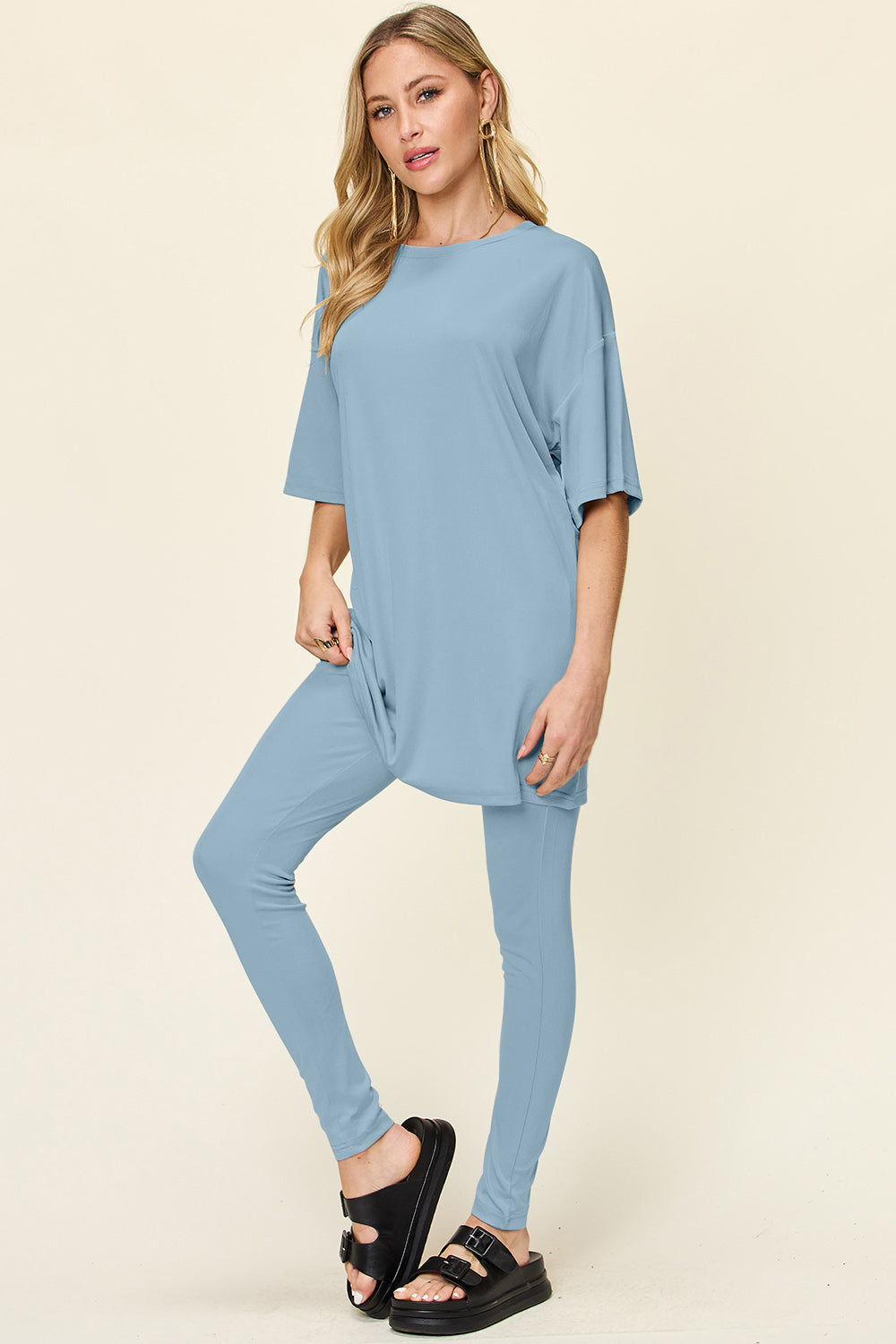 Double Take Full Size Round Neck Dropped Shoulder T-Shirt and Leggings Set