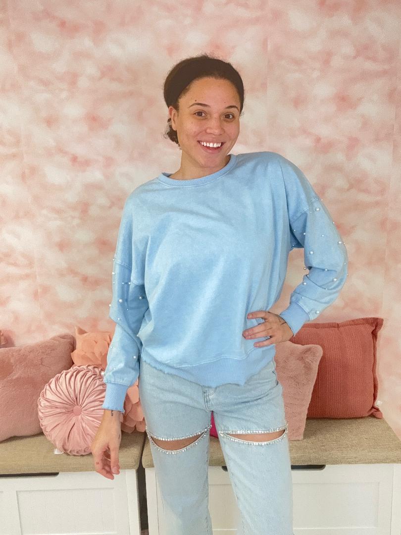 Peach Love Blue Pearl Embellished Sweatshirt